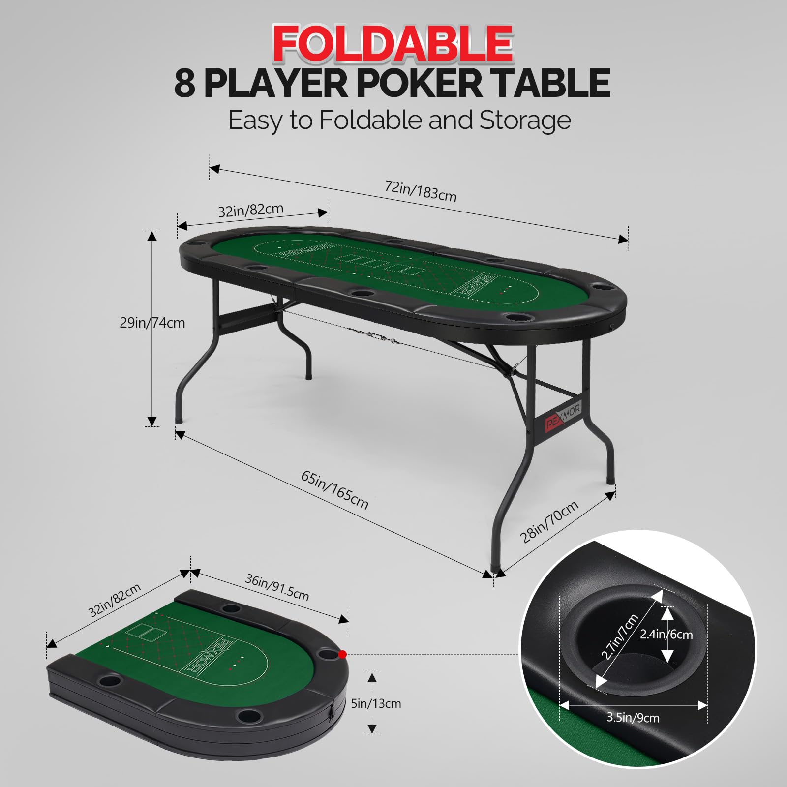 PEXMOR 8 Player Foldable Poker Table with Casino-Grade Felt & Stainless Steel Cup Holders - Texas Holdem Blackjack Game Table for Home & Casino Nights - Water-Resistant Cushioned Rail & Easy Assembly - Perfect for Poker Parties, Game Nights & Casino-Themed Events