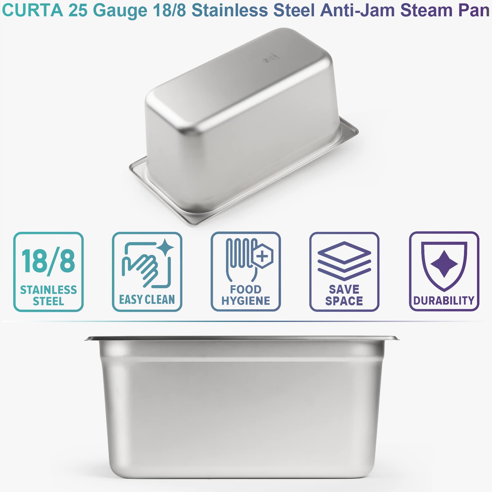 6-Pack CURTA 1/3 Size 6-Inch Deep Anti-Jam Commercial Stainless Steel Hotel Pans - NSF 18/8 Catering Food Storage Pans for Buffets, Steam Tables & Restaurant Kitchens