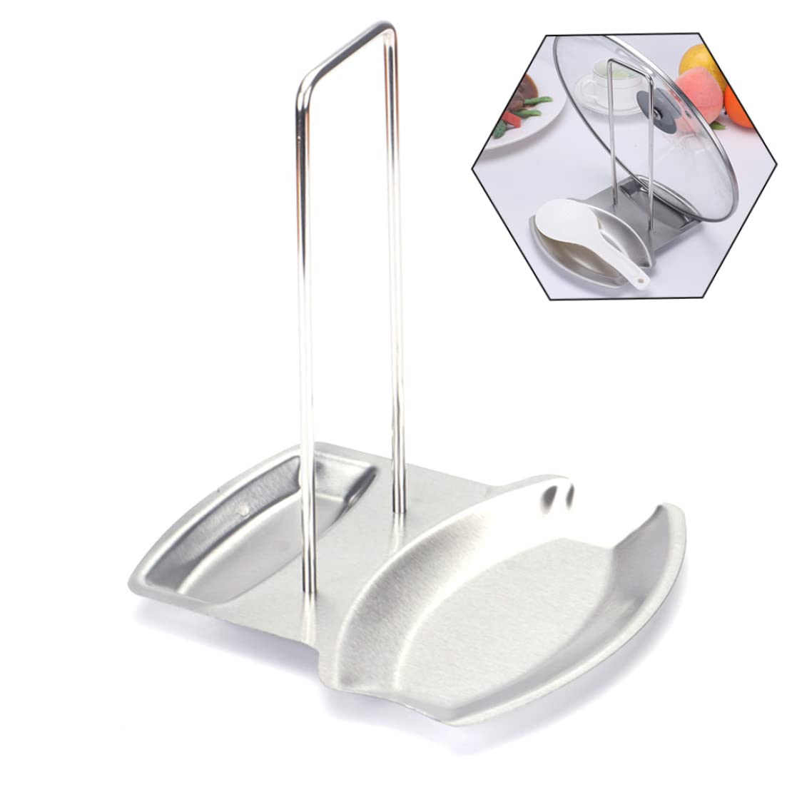 Stainless Steel Pan Pot Lid Holder & Spoon Rest - Kitchen Organizer for Pots, Pans, Covers & Utensils - Space Saving Storage Shelf for Spatulas, Lids & Cooking Tools (Silver) - Perfect for Stovetop, Countertop & Kitchen Organization