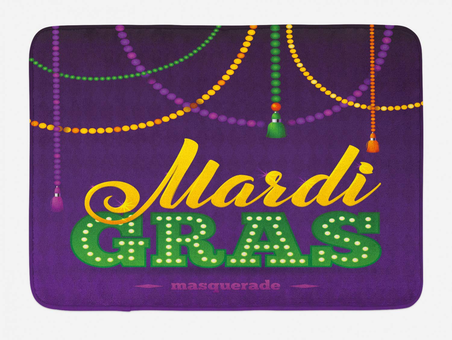 Ambesonne Mardi Gras Bath Mat - Beads & Tassels Masquerade Theme Calligraphy Design, Non-Slip Plush Bathroom Rug 30x20 Inches, Fern Green & Marigold - Perfect for Festive Bathroom Decor & Themed Parties
