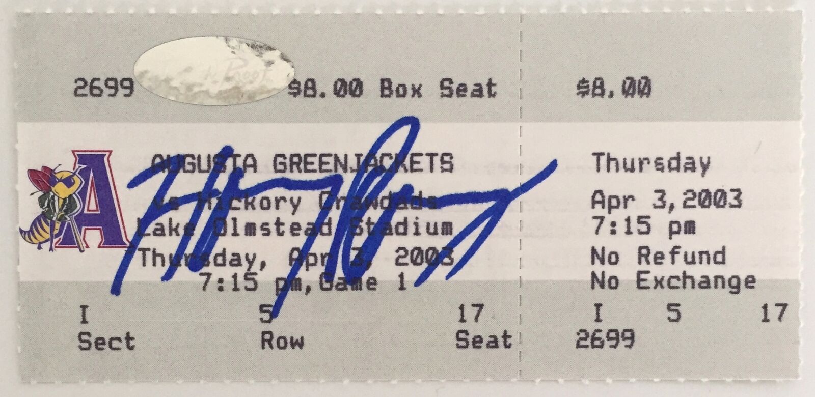 Hanley Ramirez Autographed Augusta Green Jackets Game Ticket from 4/3/2003 - Unused Collectible Sports Memorabilia - Perfect for Baseball Fans, Sports Collectors, and Memorabilia Displays