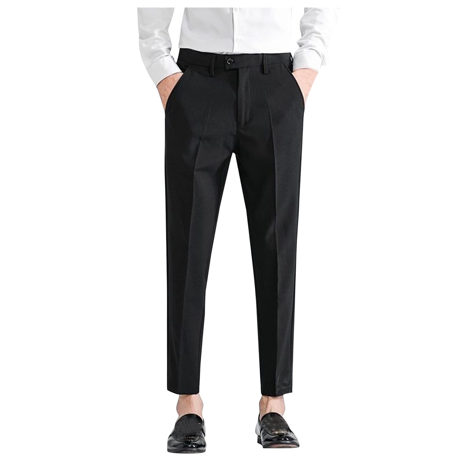 Men's Casual Cotton Pleated Trousers with Zipper & Pockets - Ankle-Length Solid Color Dress Pants for Business & Everyday Wear