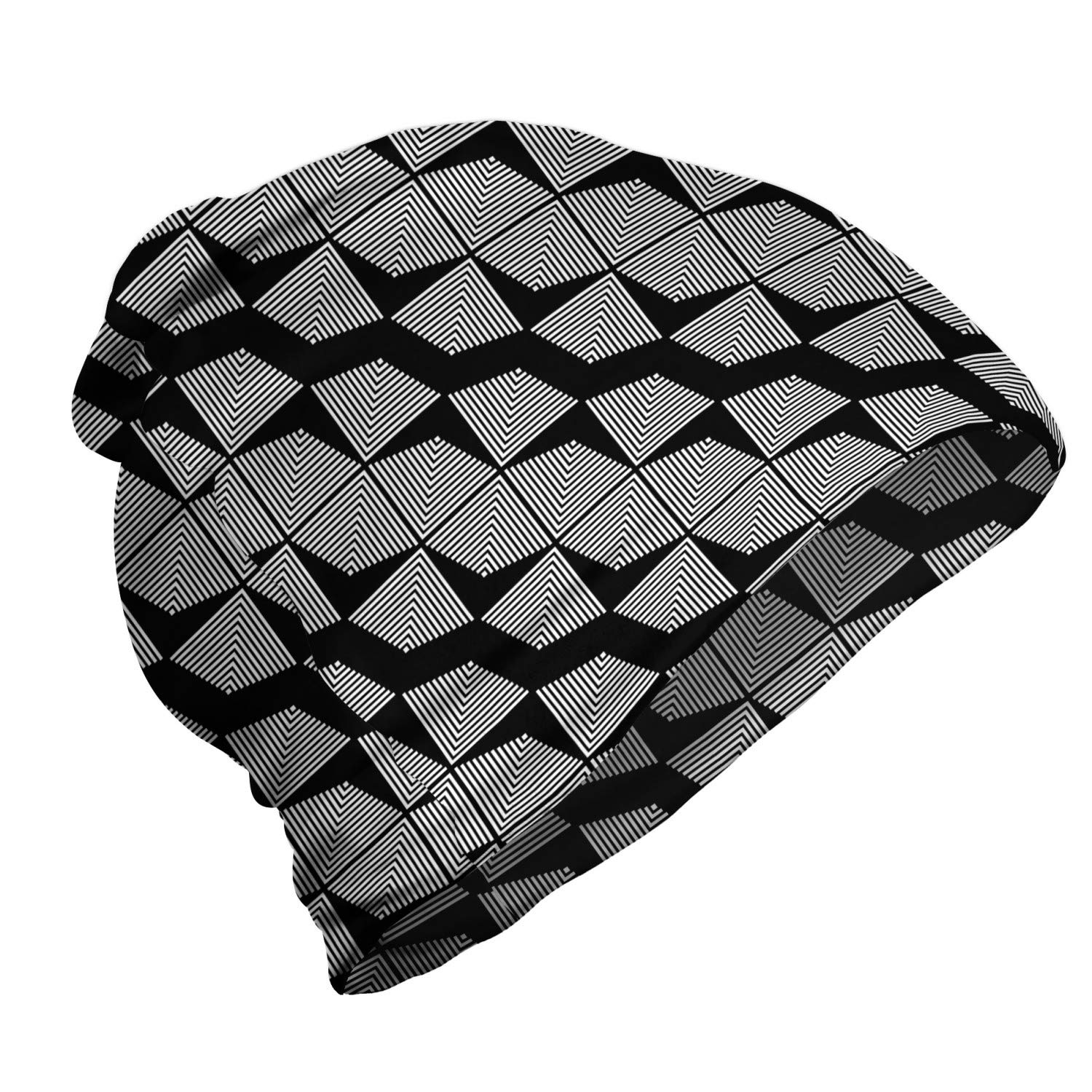 Ambesonne Unisex Winter Beanie Hat - Monochrome Geometric Knit Design for Men & Women - Warm & Stylish for Hiking, Skiing, and Outdoor Activities