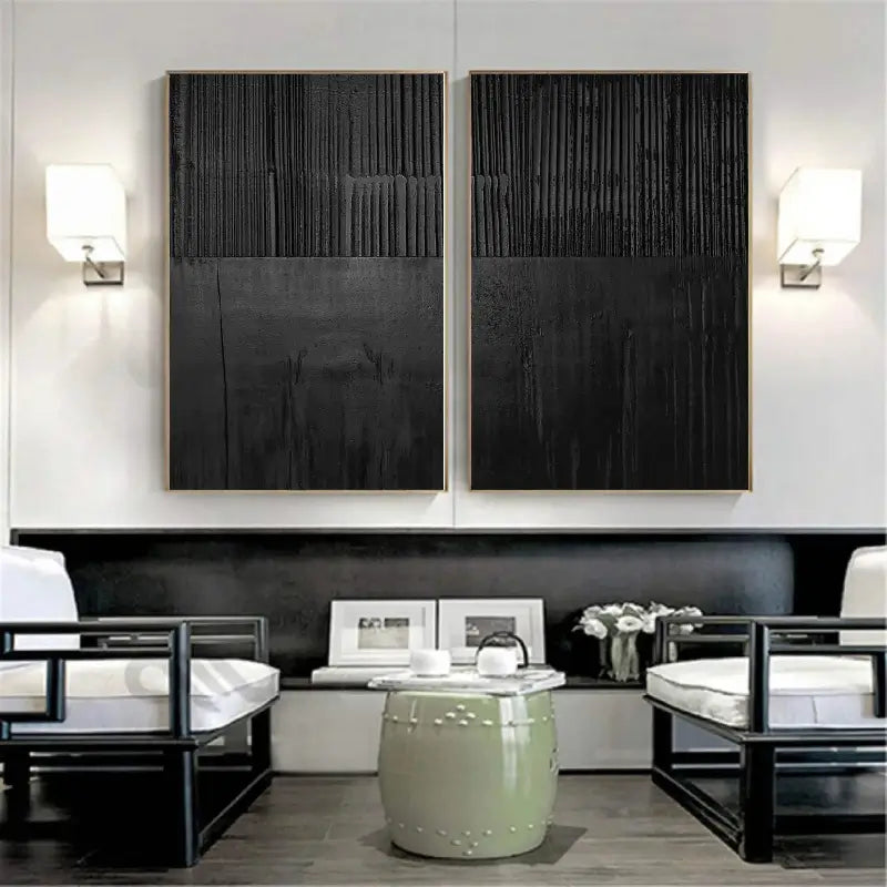 Black Minimalist Textured Painting Canvas Set of 2 - Modern Abstract Wall Art for Living Room & Bedroom Decor - #MZ028