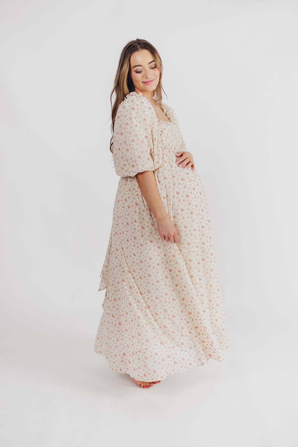 Melody Maxi Dress with Pleats & Bow Detail - Ivory Floral Print Maternity Dress | Bump Friendly & Inclusive Sizing (S-3XL) | Perfect for Weddings, Baby Showers & Summer Events
