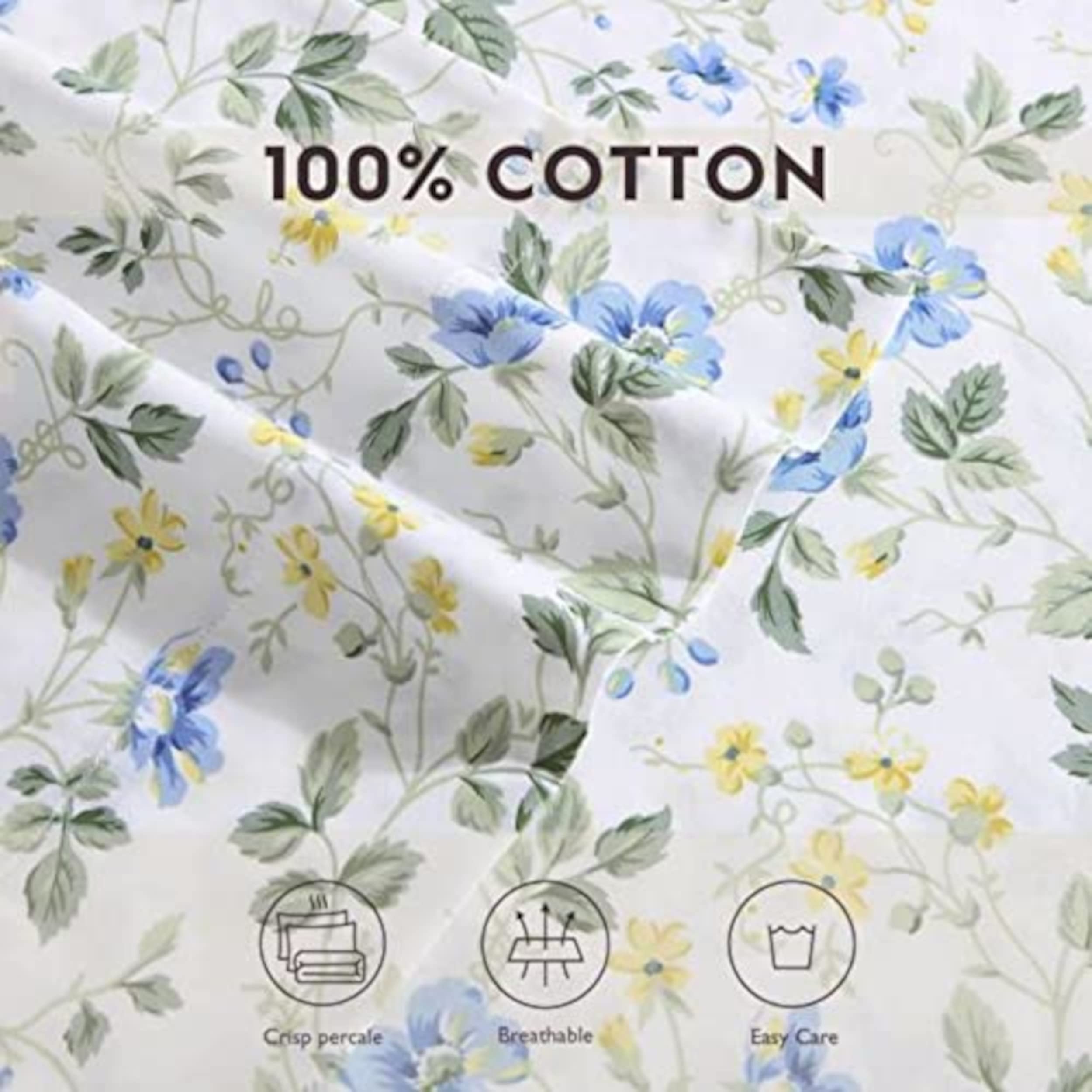Laura Ashley Home - Queen Size 4-Piece Sateen Cotton Bedsheet Set | Ultra Soft & Breathable Bedding | Meadow Floral Blue Design | Perfect for Master Bedroom, Guest Room & Vacation Homes