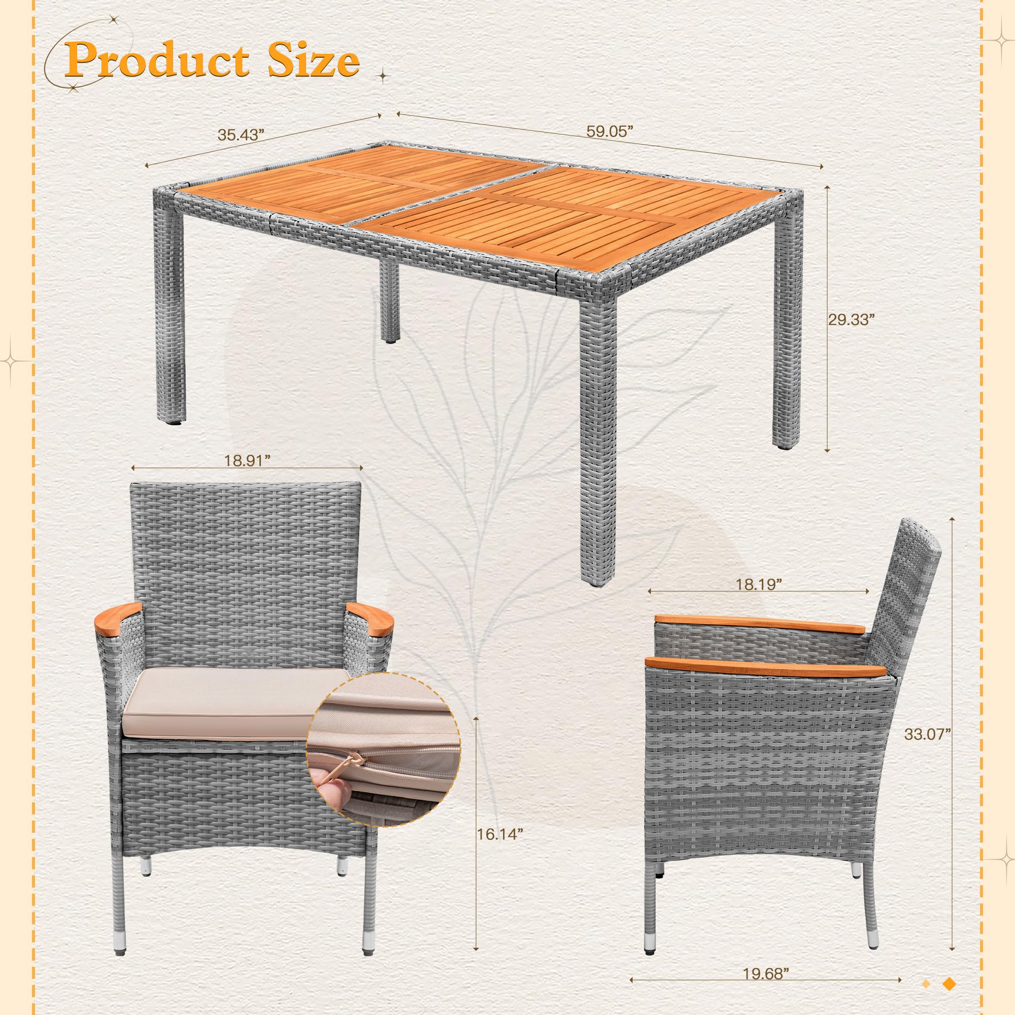 Premium 7-Piece Acacia Wood Patio Dining Set with Soft Cushions - Outdoor Wicker Furniture for Deck, Backyard & Garden - Weather-Resistant Grey Set for Al Fresco Dining & Entertaining