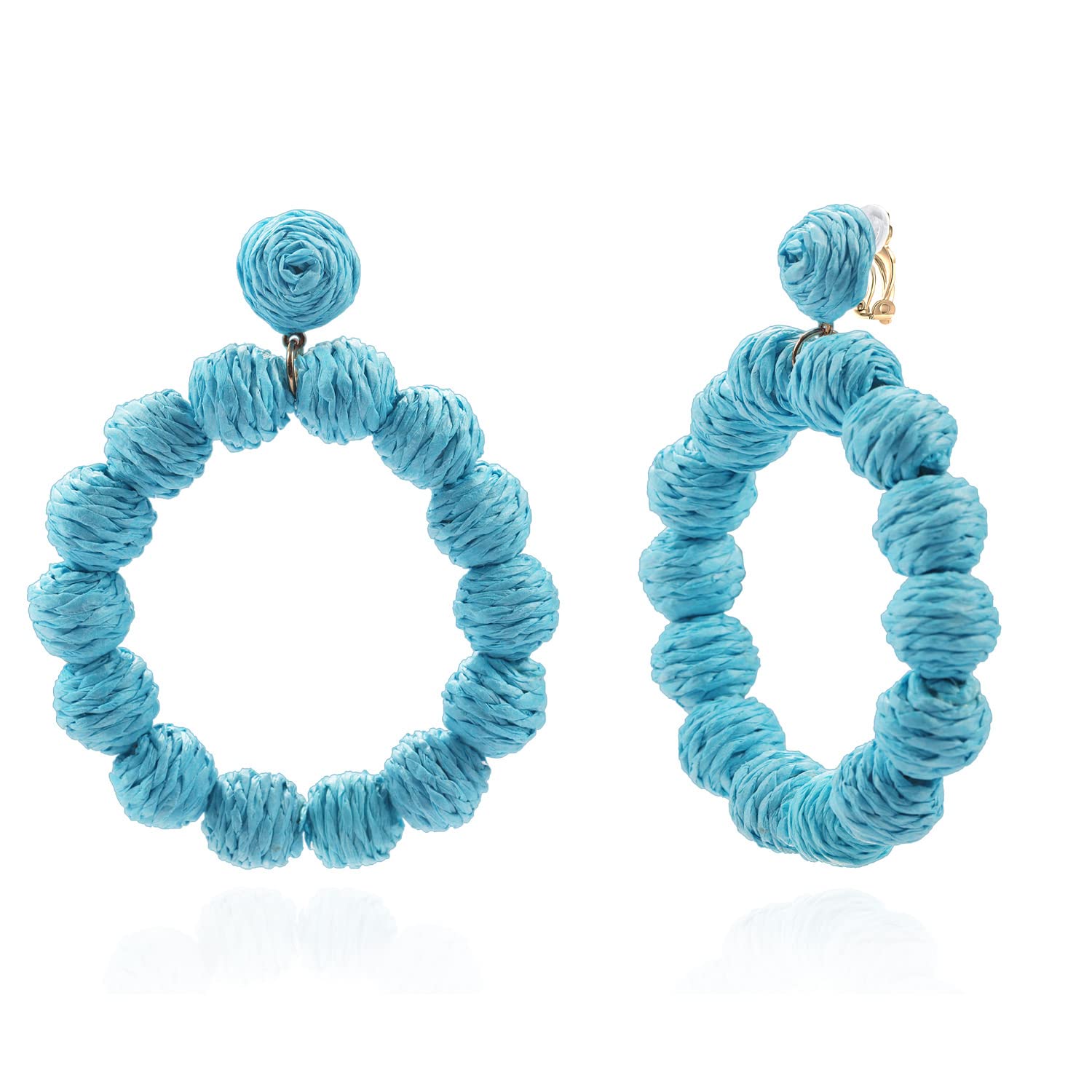 XGALBLA Handmade Bohemian Rattan Ball Clip-On Earrings for Women - Non-Pierced Braided Straw Wicker Hoop Dangle Earrings | Summer Beach Accessories, Boho Chic Outfit Gifts