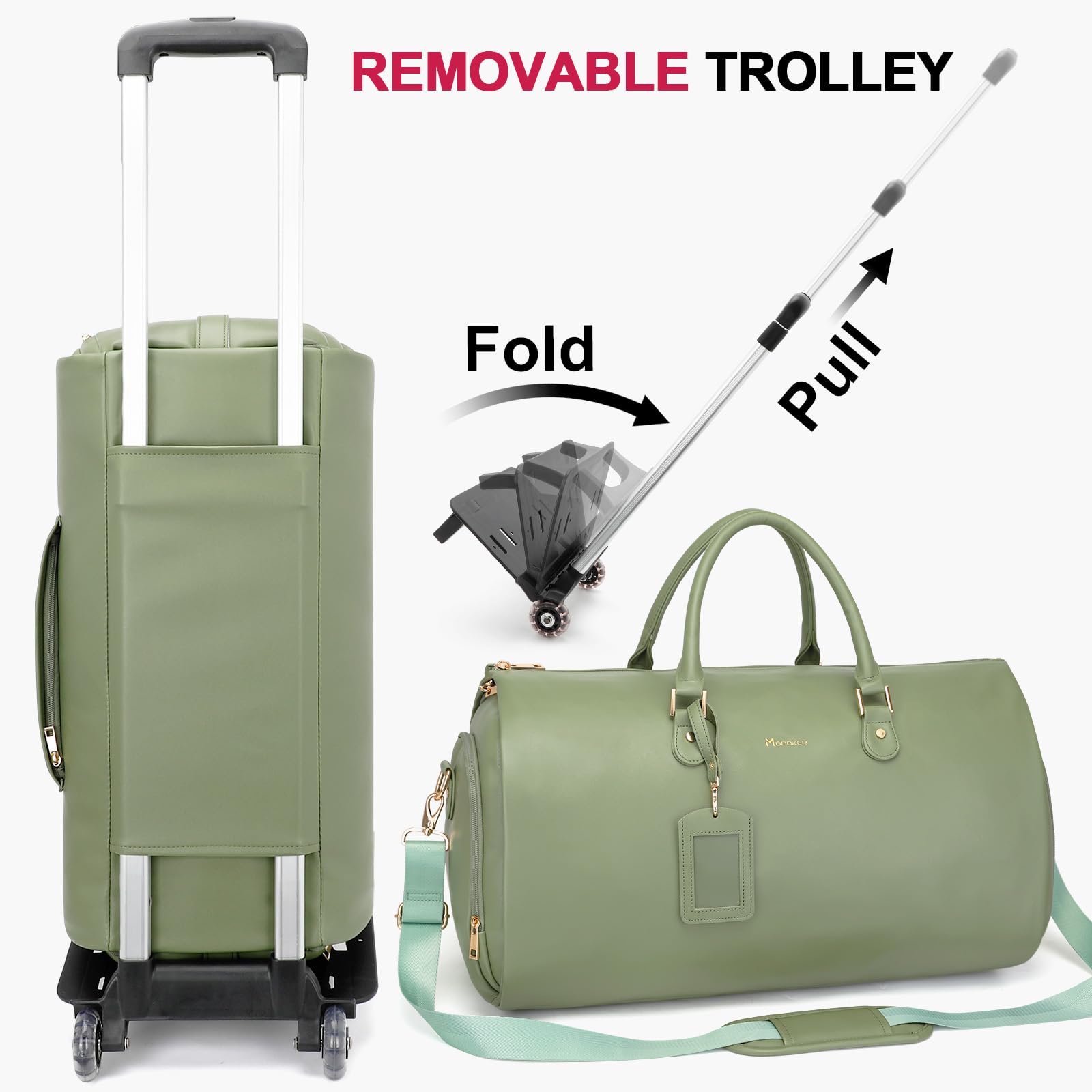 Modoker Rolling Garment Bag with Wheels - PU Leather Convertible Travel Duffel Bag for Women, Trolley Suit Luggage Carry On (Green) - Perfect for Business Trips, Vacation & Airplane Travel