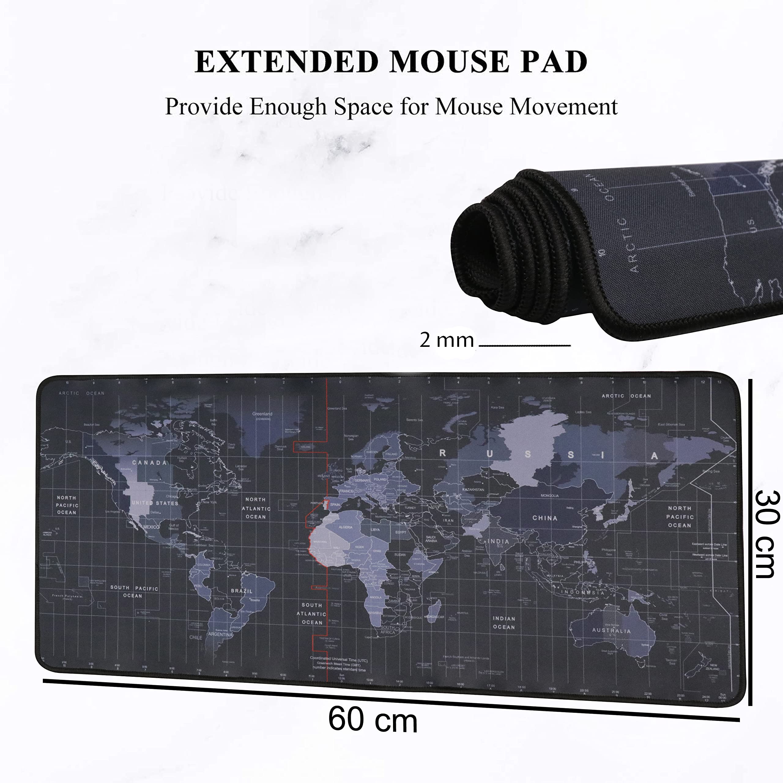 XXL Non-Slip Mouse Pad with Stitched Edges - 60x30cm Large Extended Gaming & Office Desk Mat - World Map Design for Computer, Laptop, PC - Perfect for Work, Gaming & Home Office Setup