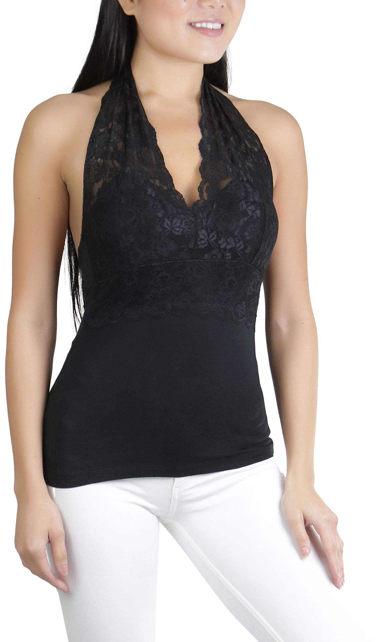 Stylish Women's Padded Floral Lace V-Neck Halter Top - Perfect for Summer Outfits, Beach Vacations & Date Nights