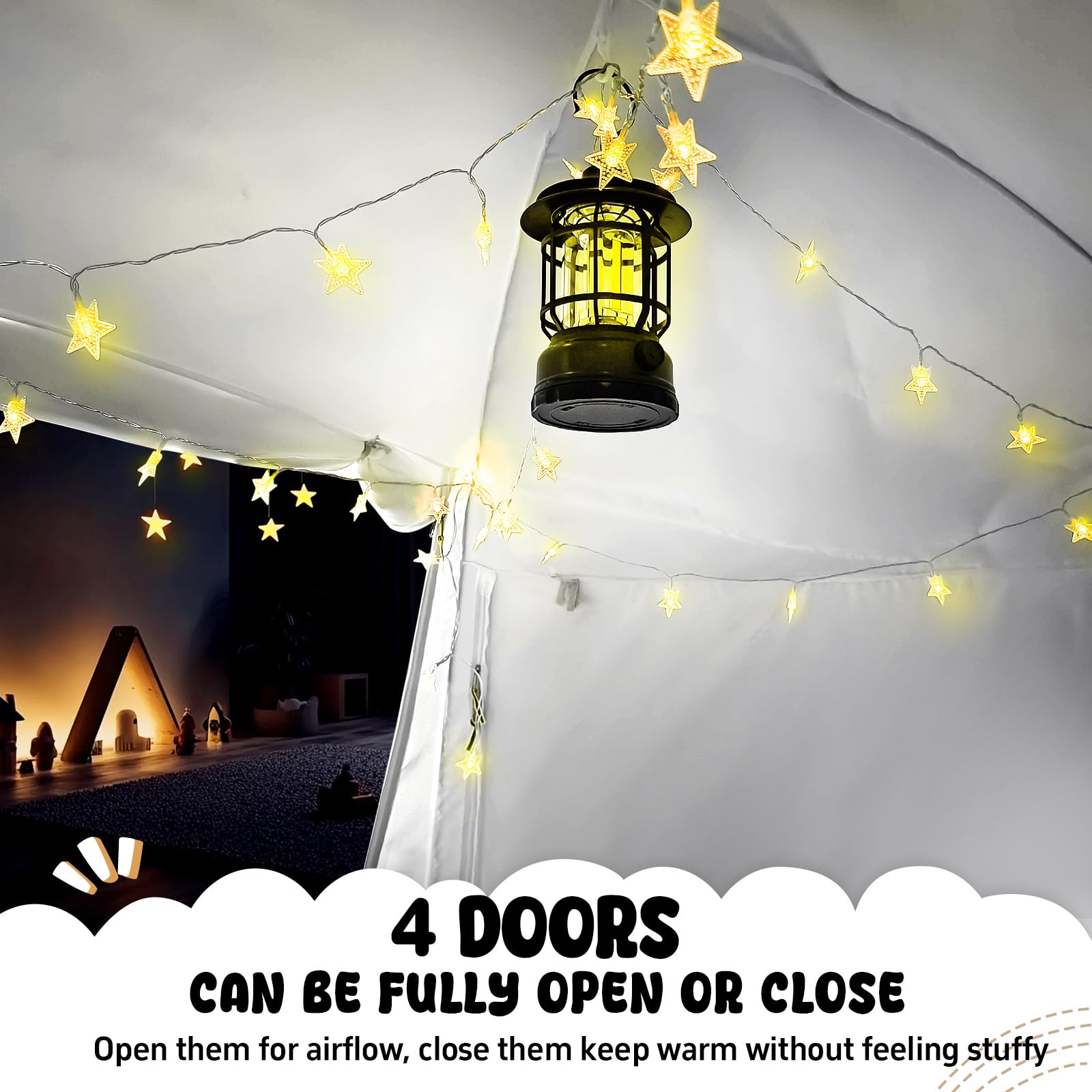 **Queen Size Bed Tent Canopy for Kids & Adults - 100% Breathable, 4 Doors, 80% Blackout - Indoor Portable Privacy Sleeping Tent with String Lights - Perfect for Camping, Bedroom Privacy & Cozy Sleepovers**