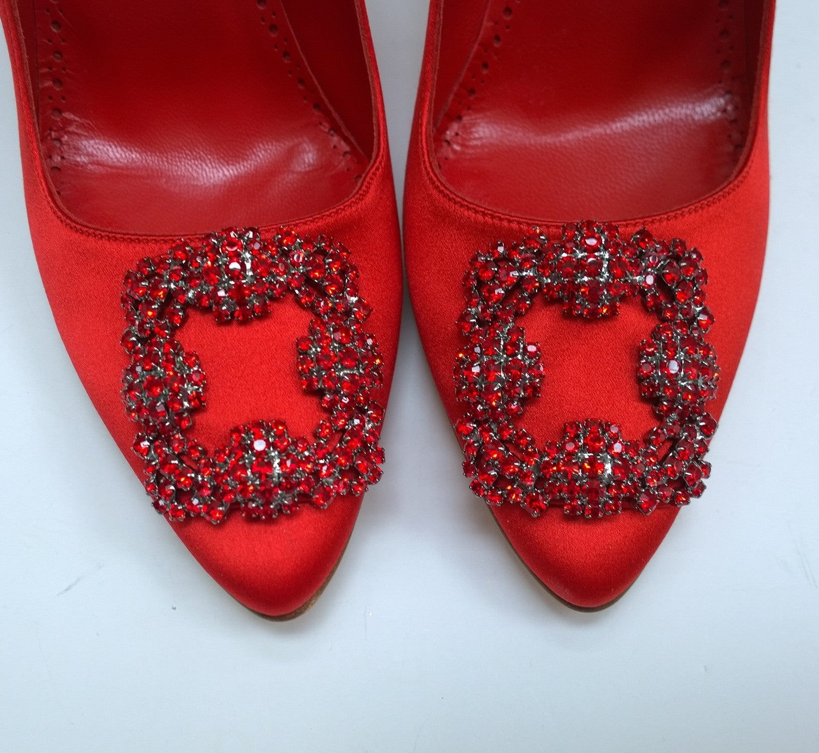 Manolo Blahnik Hangisi 105mm Red Satin Pumps with Rhinestone Buckle - Luxury Women's High Heels for Weddings, Parties & Special Occasions