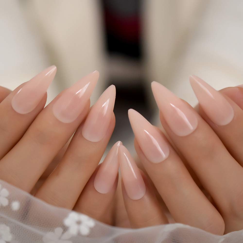 CoolNail Press-On Nails - Natural Nude Pointed Stiletto False Nail Tips, Acrylic Salon Full Cover Artificial Nails with Glue & Stickers | Perfect for Parties, Weddings & Everyday Wear