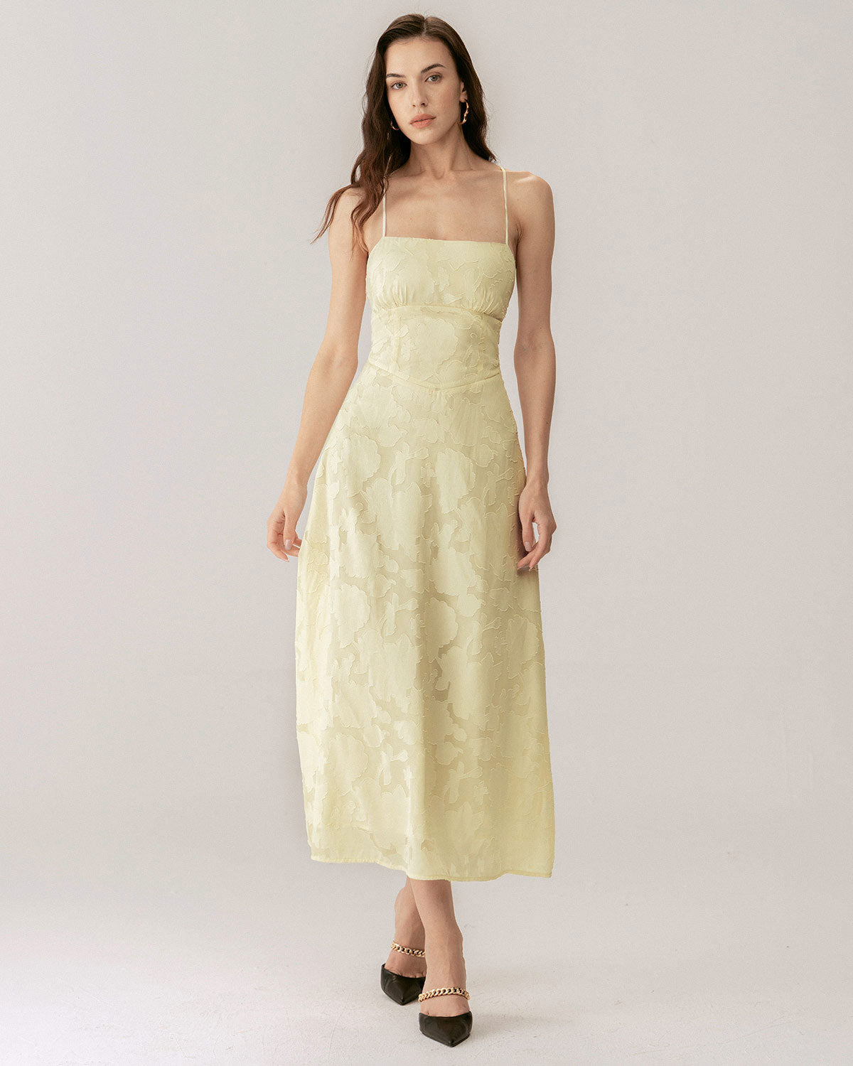 Elegant Yellow Jacquard Corset Slip Maxi Dress for Women - Vintage Floral Lace Evening Gown for Parties, Weddings & Special Occasions