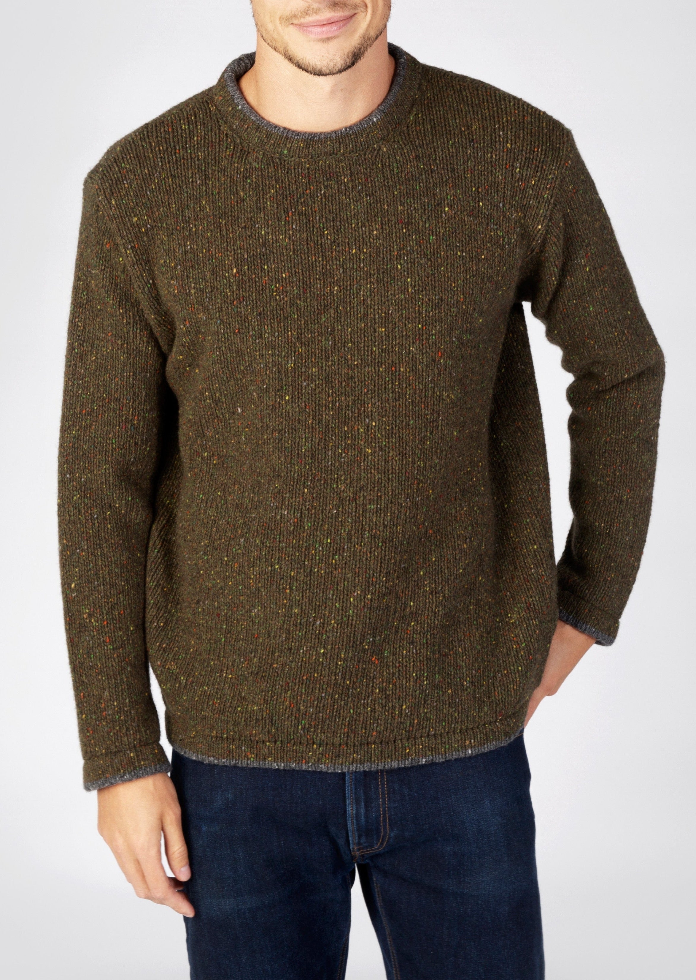 Ireland's Eye Men's Roundstone Aran Wool Sweater | Classic Loden Green Cable Knit Pullover for Winter & Outdoor Activities