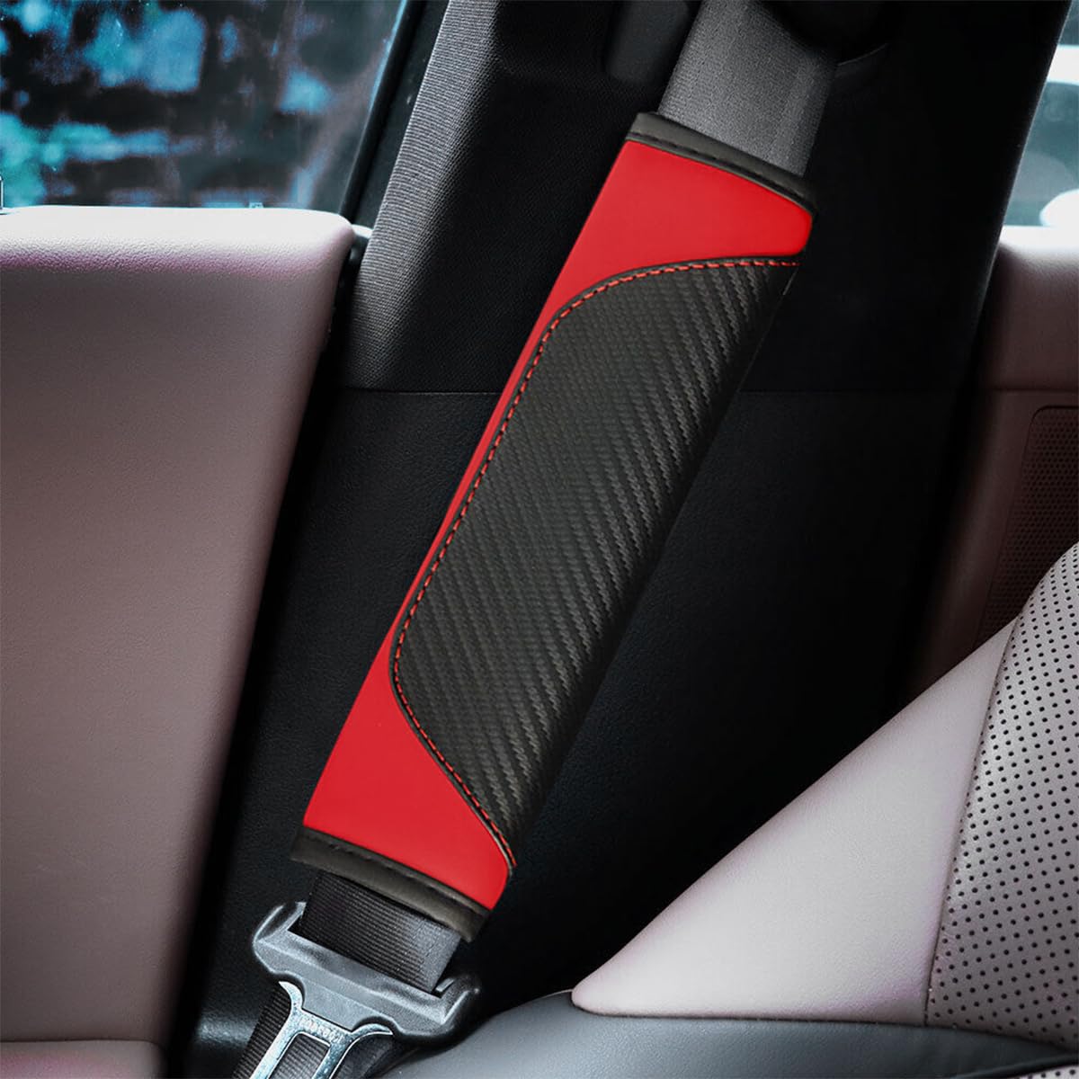 2PCS Carbon Fiber Car Seat Belt Cover - Soft Shoulder Protection Pad for Comfort & Safety - Neck & Shoulder Cushion for Car, Truck - Red Car Accessories (Perfect for Long Drives & Daily Commutes)