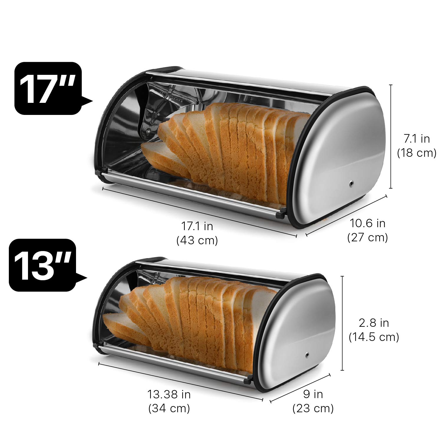 Stainless Steel Bread Box with Roll-Up Lid - 13 Inch Metal Bread Storage Container for Kitchen Countertop - Perfect for Cake, Buns, Toast, Loaves, Pastries & Pancakes - Ideal for Home Kitchen & Restaurant Use