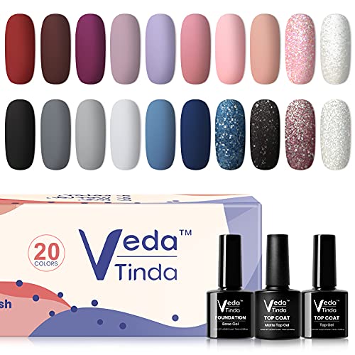 Veda Tinda Gel Nail Polish Kit - 20 Colors Fall Winter Collection, Soak Off UV LED Lamp Nail Polish Set with Glossy & Matte Top Coat, Base Coat - Perfect for Christmas Gifts, Home Manicures & Salon Use