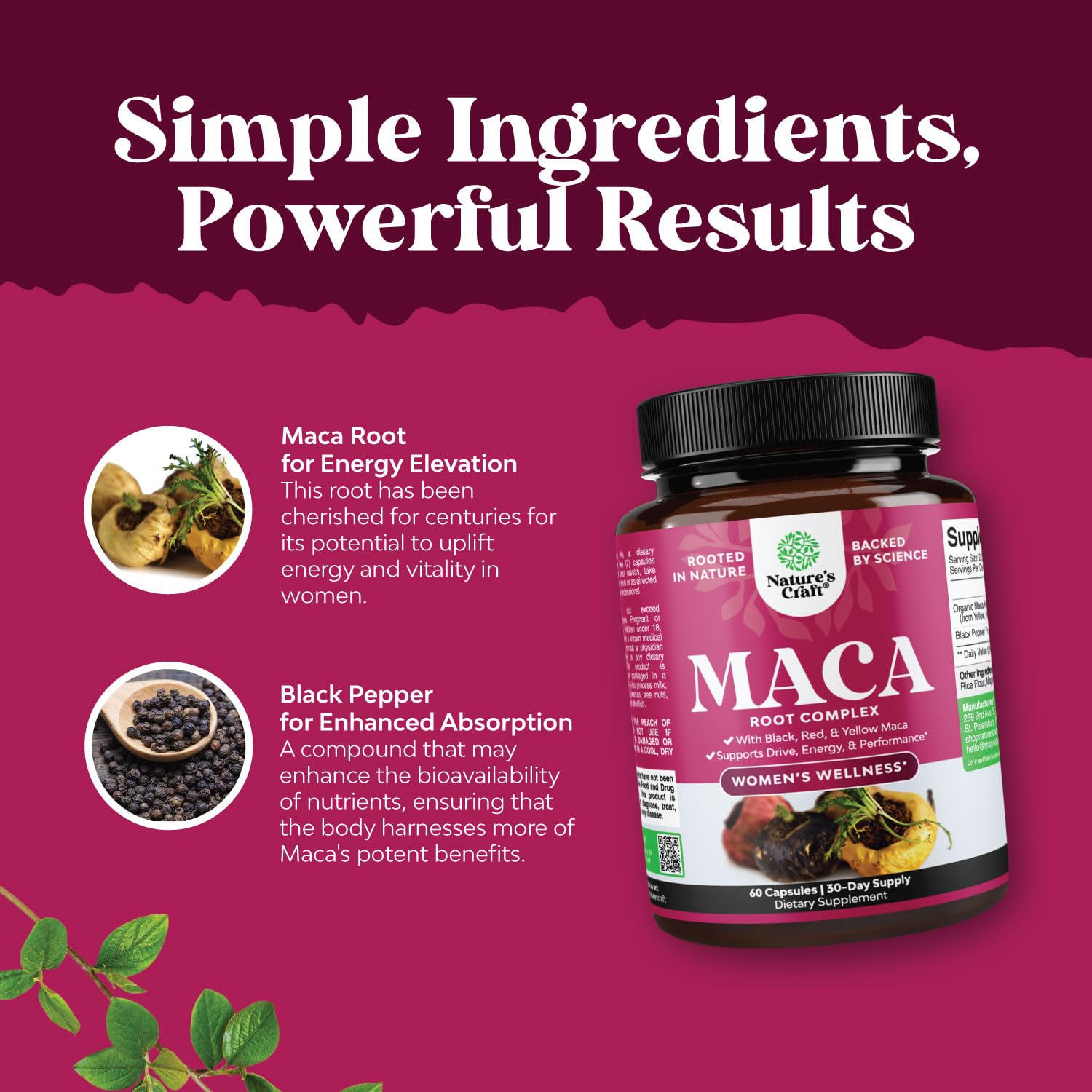 Organic Maca Root Capsules for Women - Natural Energy & Hormone Balance Supplement with Red, Yellow & Black Maca Blend - Non-GMO, Vegan, Gluten-Free, No Artificial Colors - 60 Count - Supports Libido, Fertility & Menopause Relief