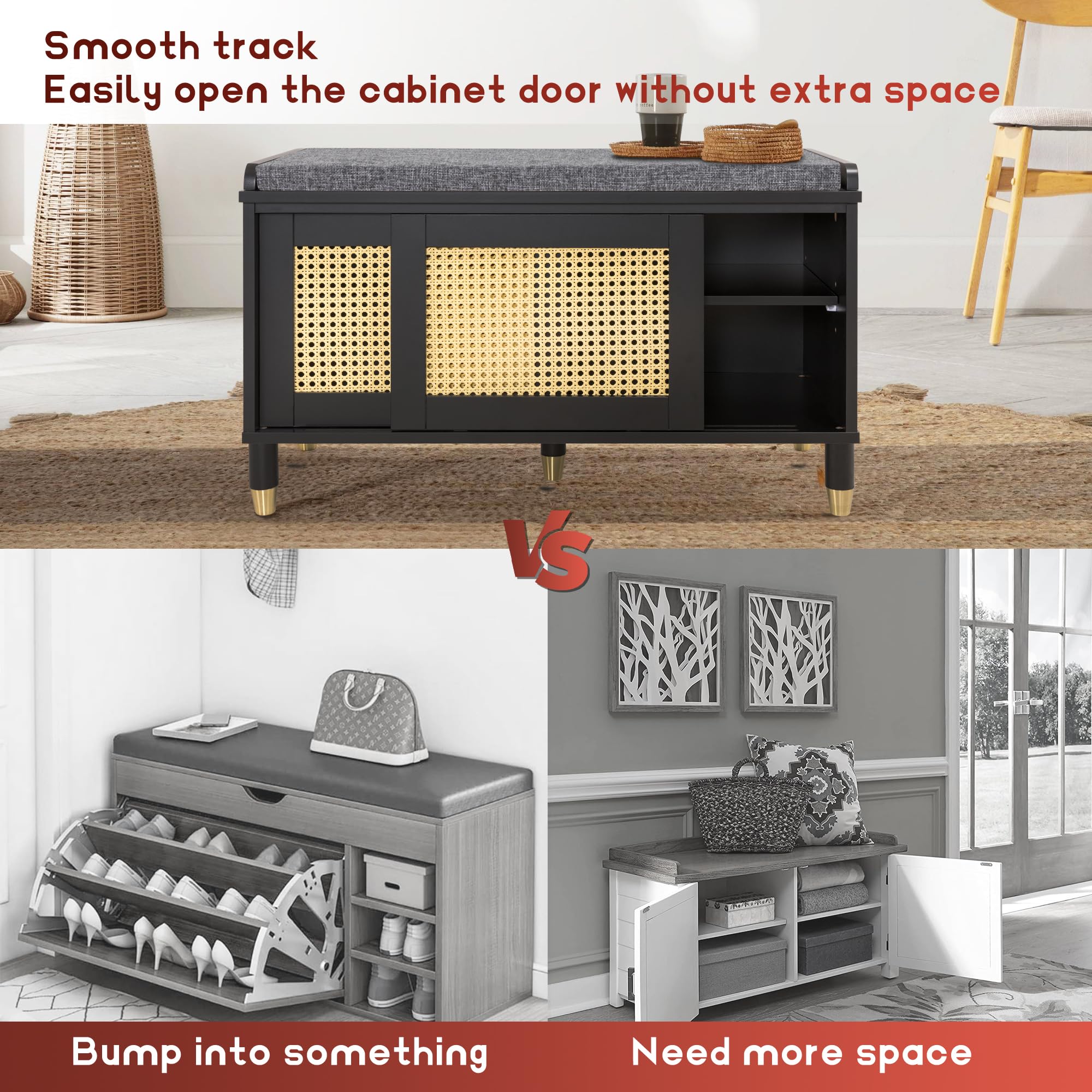 Anbuy Shoe Storage Bench for Entryway - Rattan Door Shoe Rack with Soft Cushion, 300 lb Weight Capacity, 31.5 x 13.78 x 19.1 Inches (Black) - Perfect for Hallway, Mudroom, and Closet Organization