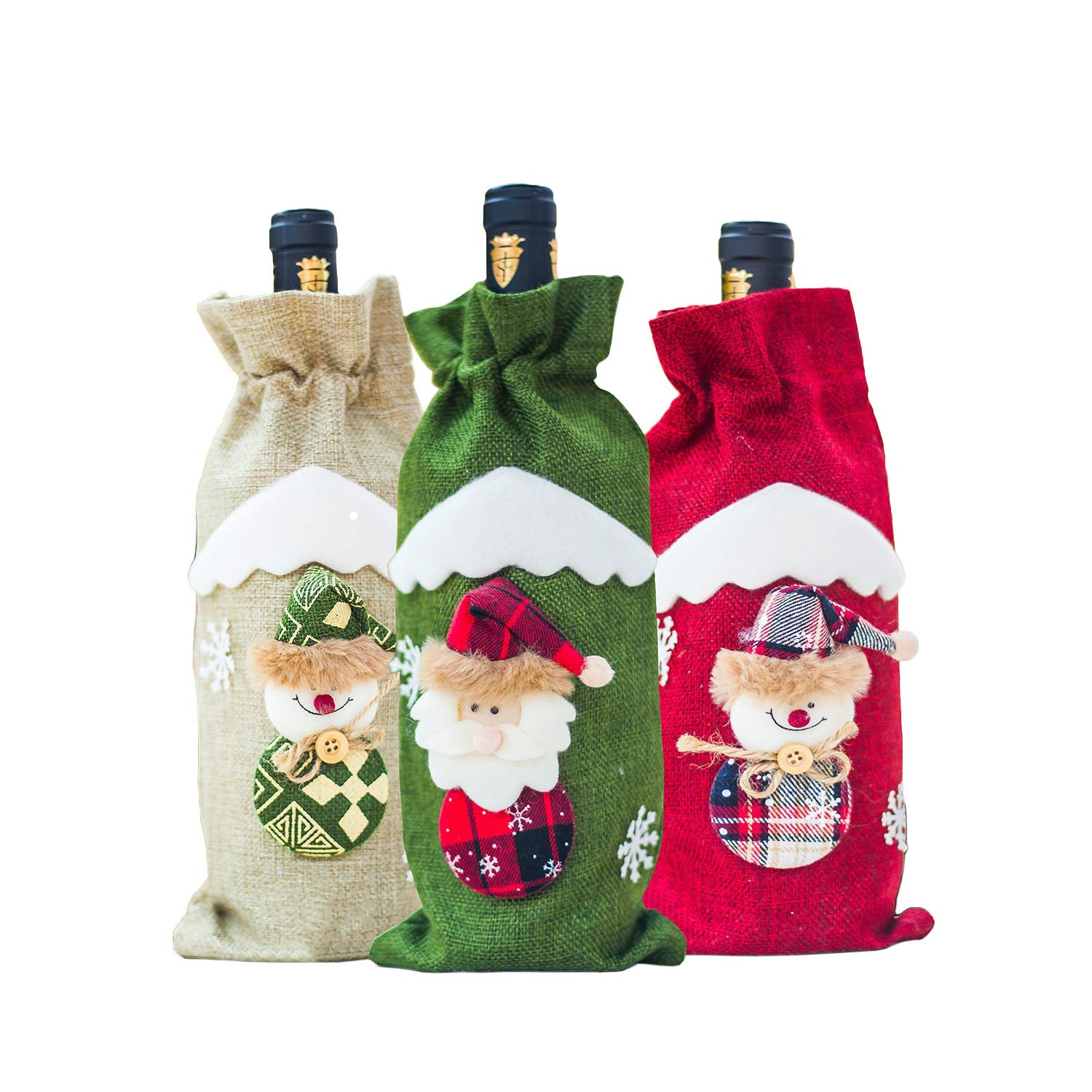 3-Pack Christmas Wine Bottle Covers - Burlap Drawstring Gift Bags for Wine, Candy & Party Favors | Holiday Table Decorations & Festive Gift Packaging for Christmas Parties, Weddings & Home Decor