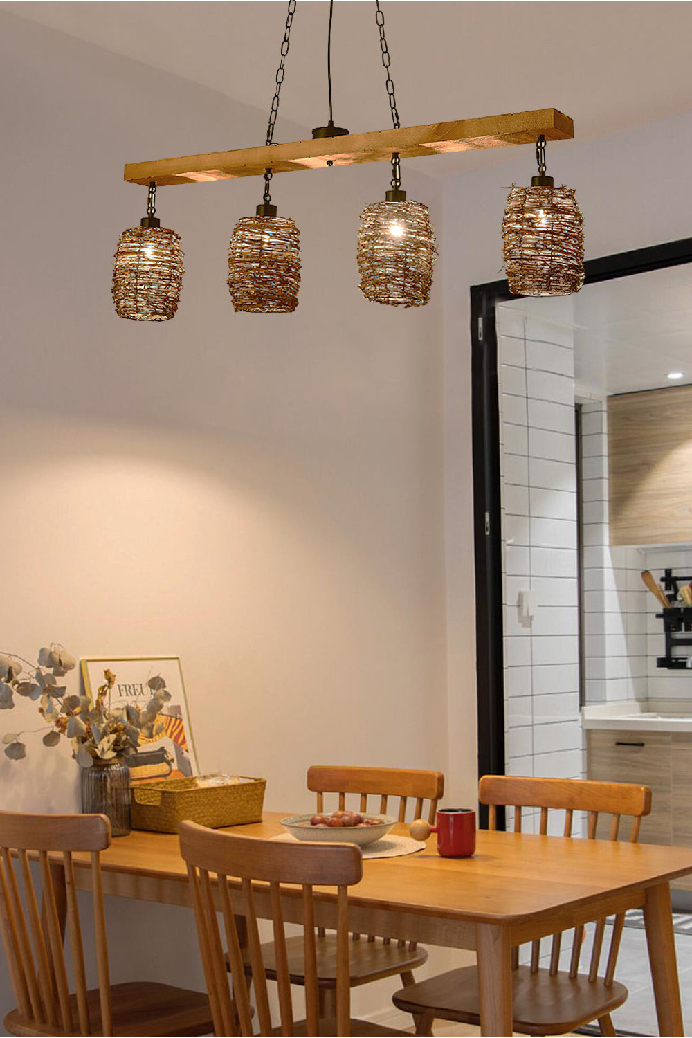 Modern Industrial Rattan Dining Room Chandelier - Farmhouse Style Ceiling Light Fixture for Kitchen, Restaurant, and Home Decor