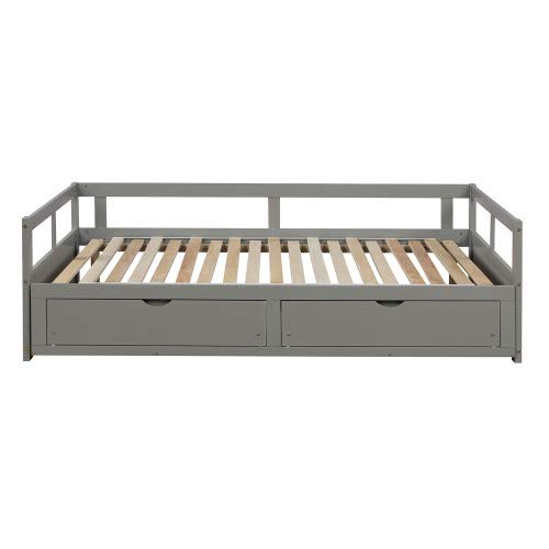 Extendable Mera Daybed with Two Drawers - Convertible Sofa Bed for Small Spaces, No Box Spring Needed (Gray) - Perfect for Guest Rooms, Studio Apartments & Home Offices