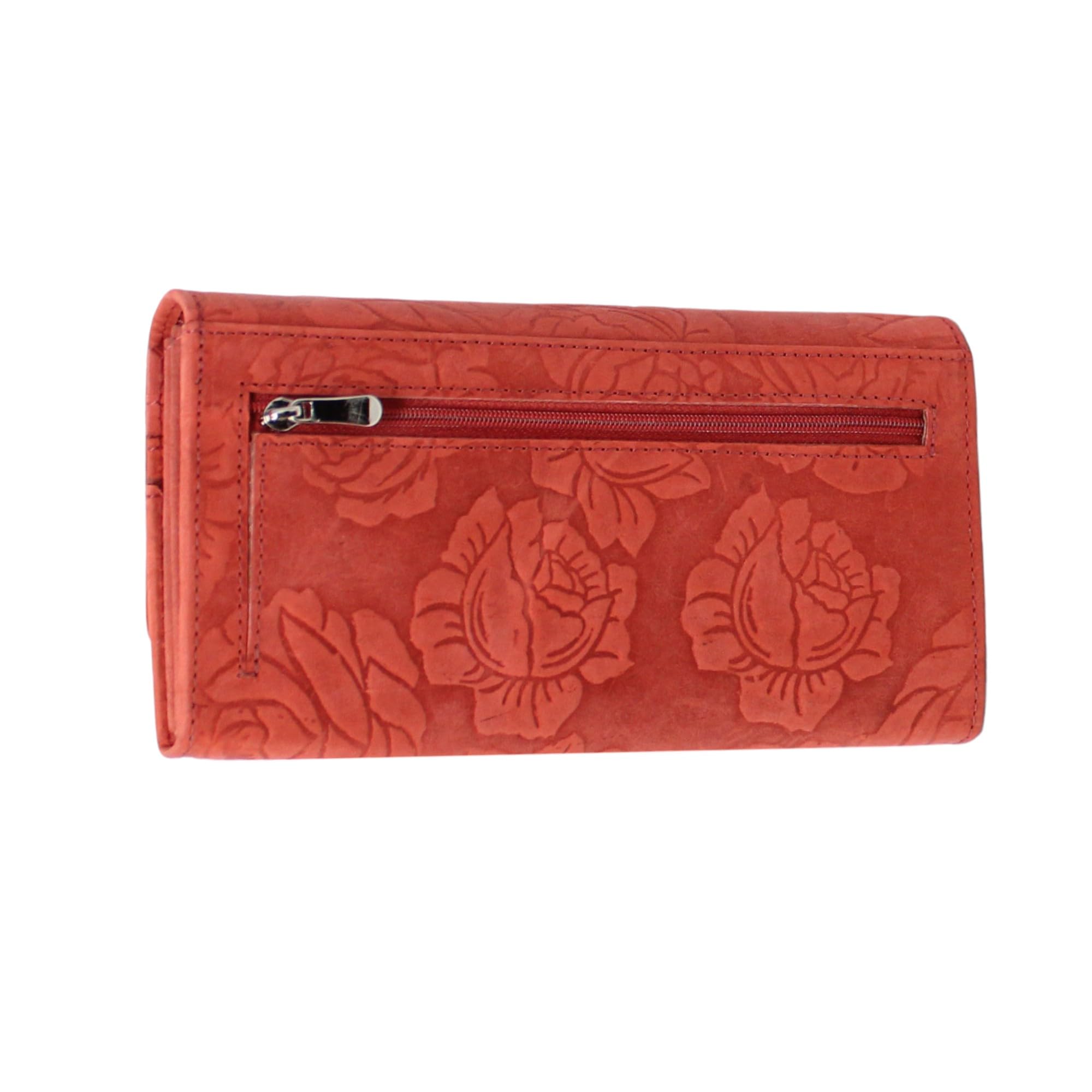 Women's Genuine Leather RFID Blocking Wallet - Floral Embossed Crossbody Purse with Zipper Pocket for Credit Cards, Coins & Phone | Stylish Ladies Handbag for Work, Travel & Everyday Use (Red)