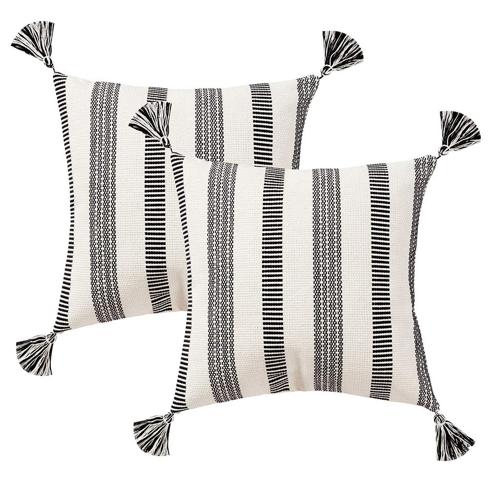 Modern Black & White Striped Throw Pillow Covers Set - 20x20 Inch Square Boho Farmhouse Decorative Pillow Cases for Couch, Sofa & Bed (2 Pack) - Perfect for Living Room, Bedroom & Home Decor