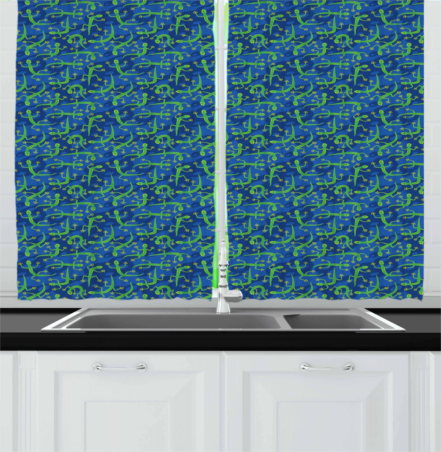Ambesonne Gecko Print Kitchen Curtains - Lizard Doodle Design with Blue Shaded Background, Reptile Cartoon Theme, 2 Panel Rod Pocket Drapes, 55