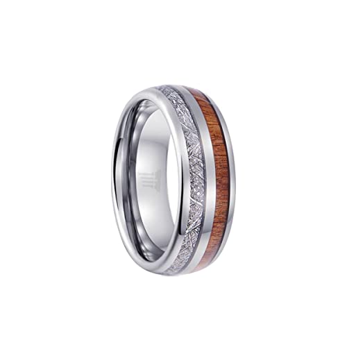 Unique Meteorite & Bourbon Barrel Wood Tungsten Wedding Band for Men - 8mm Comfort Fit Durable Ring - Anniversary Gift for Him - Perfect for Weddings, Engagements & Special Occasions