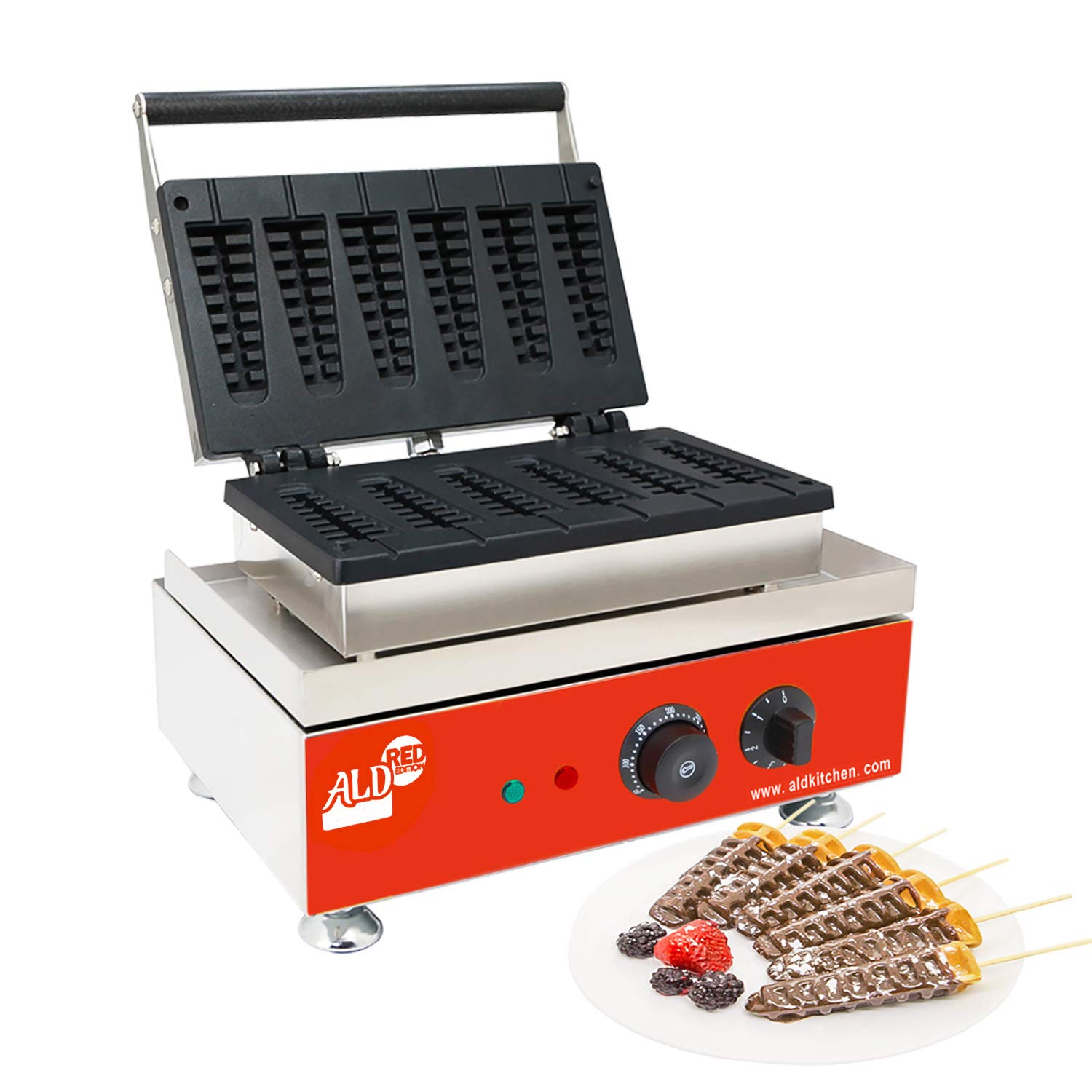 ALDKitchen Non-Stick Waffle Maker | 110V Electric Waffle Iron with Red Panel | 6-Piece Set for Breakfast, Brunch & Desserts | Perfect for Home, Cafe & Restaurant Use