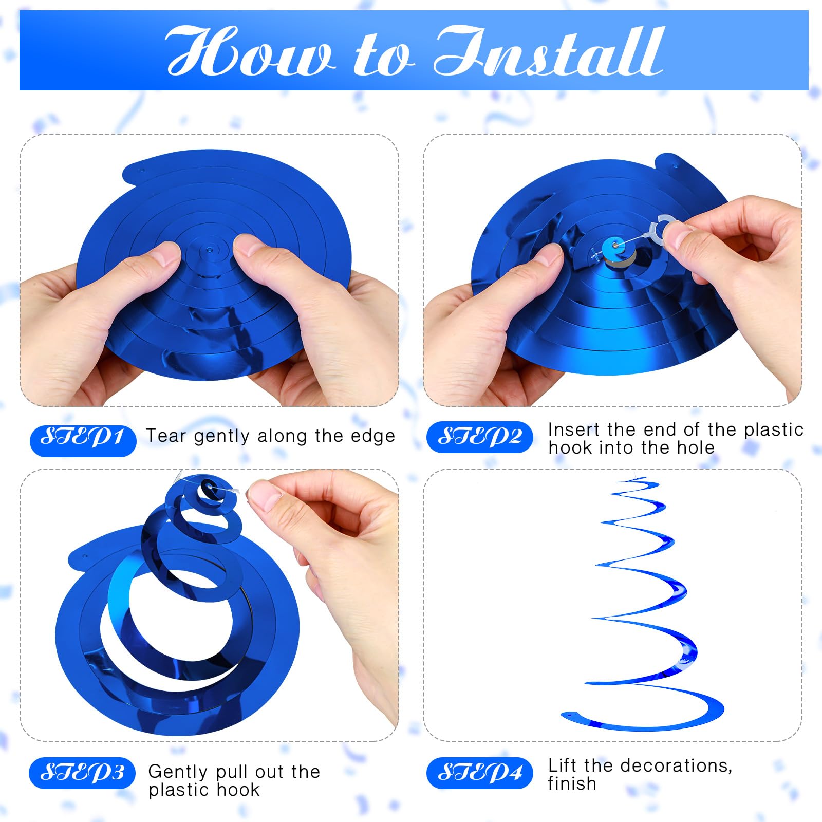 36 Pcs Blue Hanging Swirl Party Decorations - Plastic Streamer Swirls & Spiral Ceiling Decor for Birthday, Wedding, Baby Shower, Graduation - Perfect for Indoor & Outdoor Party Backdrops