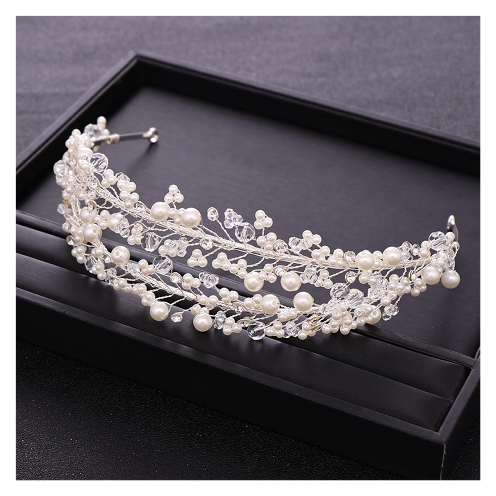 Trendy White Pearl Crystal Bridal Hair Accessories - Wedding Crown Headband & Hair Band for Brides, Handmade Lasting Silver Headdress | Perfect for Weddings, Prom, and Formal Events