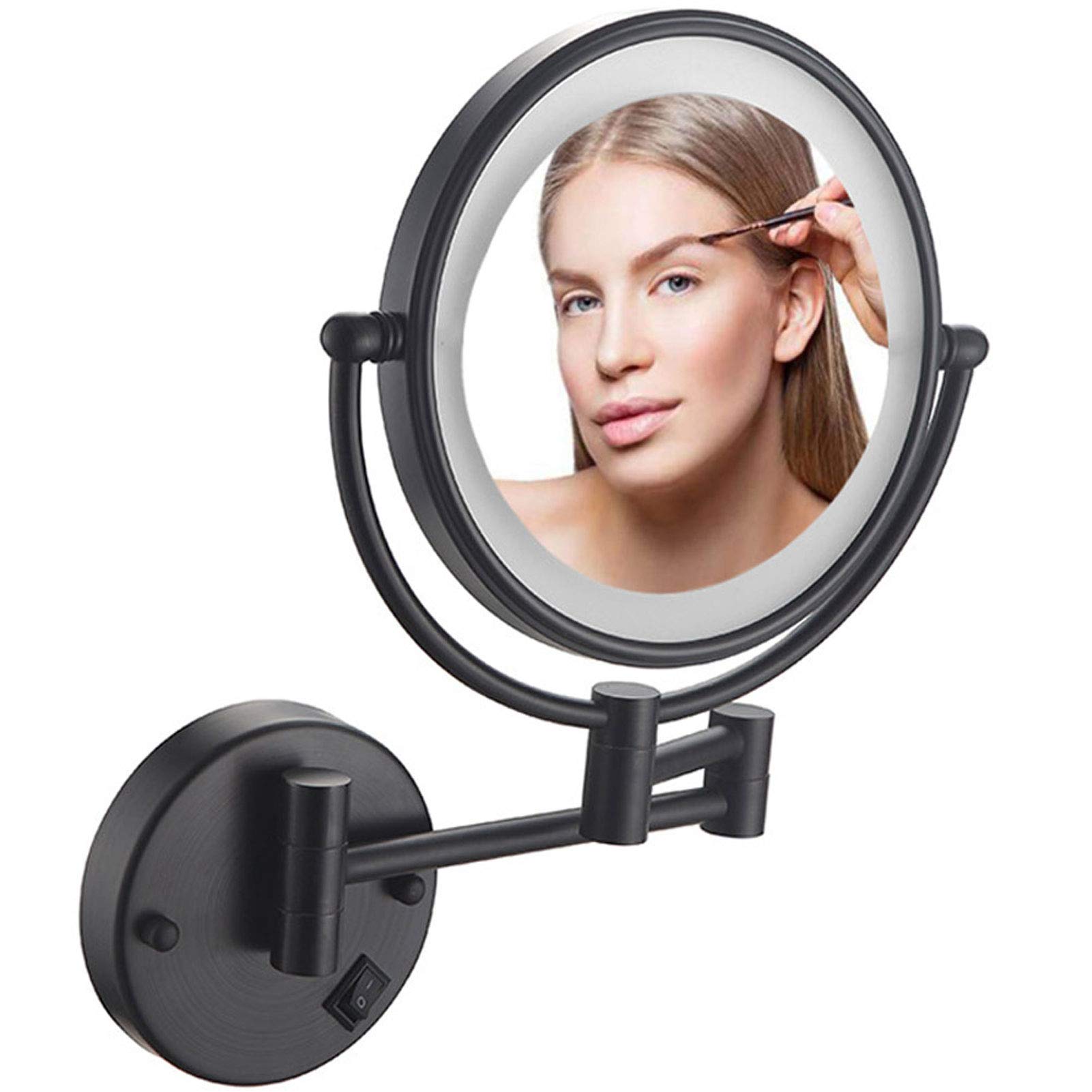 Wall Mount Makeup Mirror with LED Lights - 360° Swivel Extendable Vanity Mirror for Bathroom & Dressing Room - Black Cosmetic Mirror with Bright Adjustable Lighting for Perfect Makeup Application