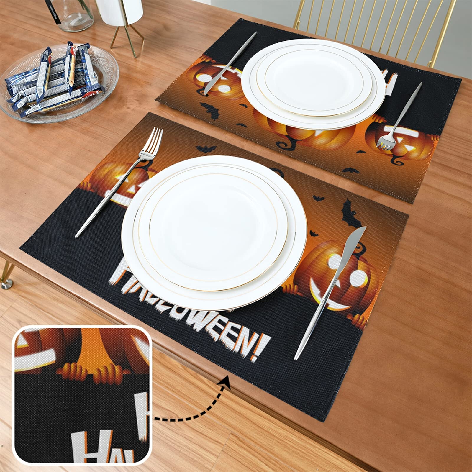 Happy Halloween Placemats Set of 6 - Heat Resistant Table Mats for Kitchen & Dining Decor - Perfect for Halloween Parties, Thanksgiving Dinner & Holiday Table Settings