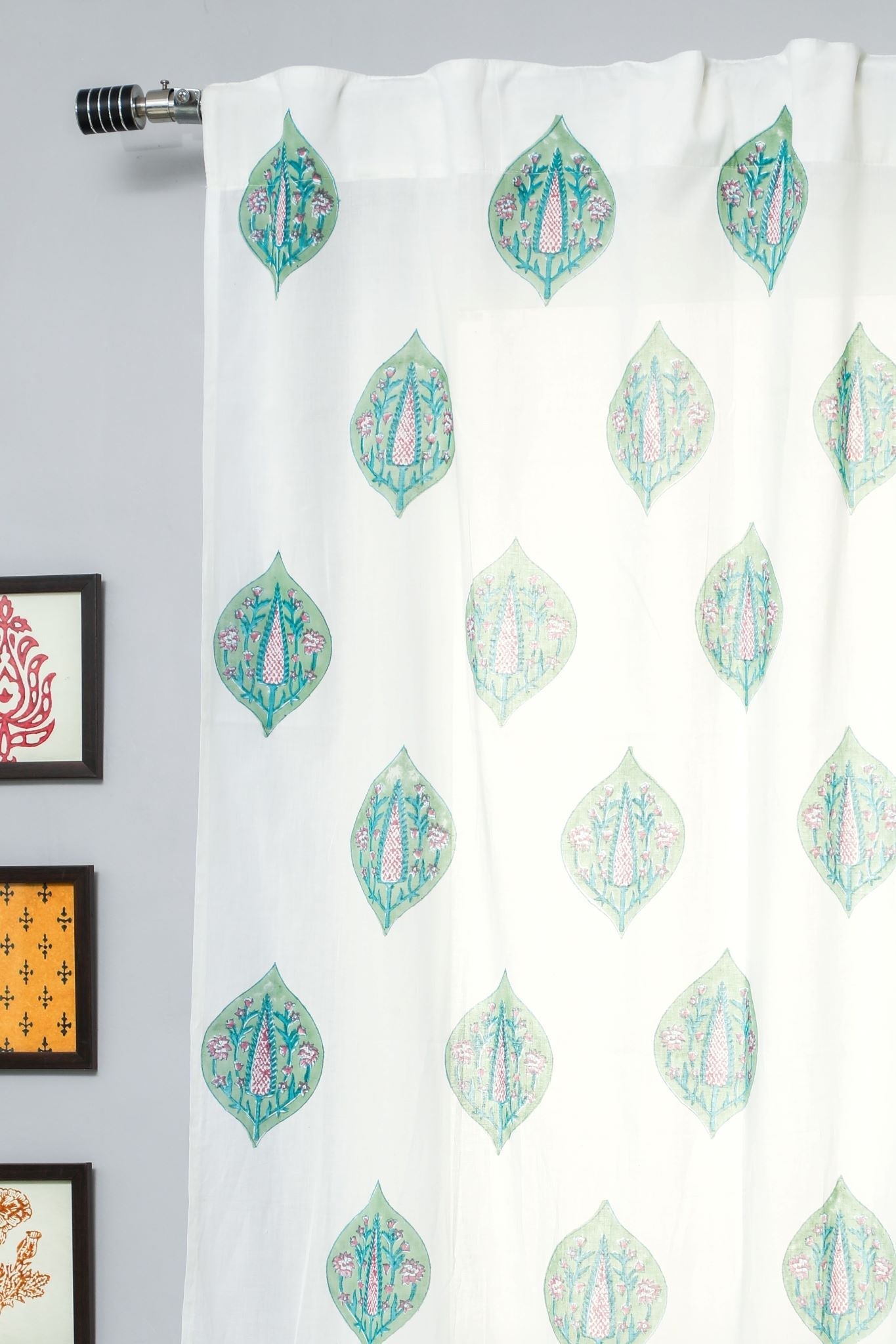 Green Palm Handblock Printed Cotton Door Curtain - Traditional Indian Handmade Home Decor for Living Room, Bedroom & Entryway
