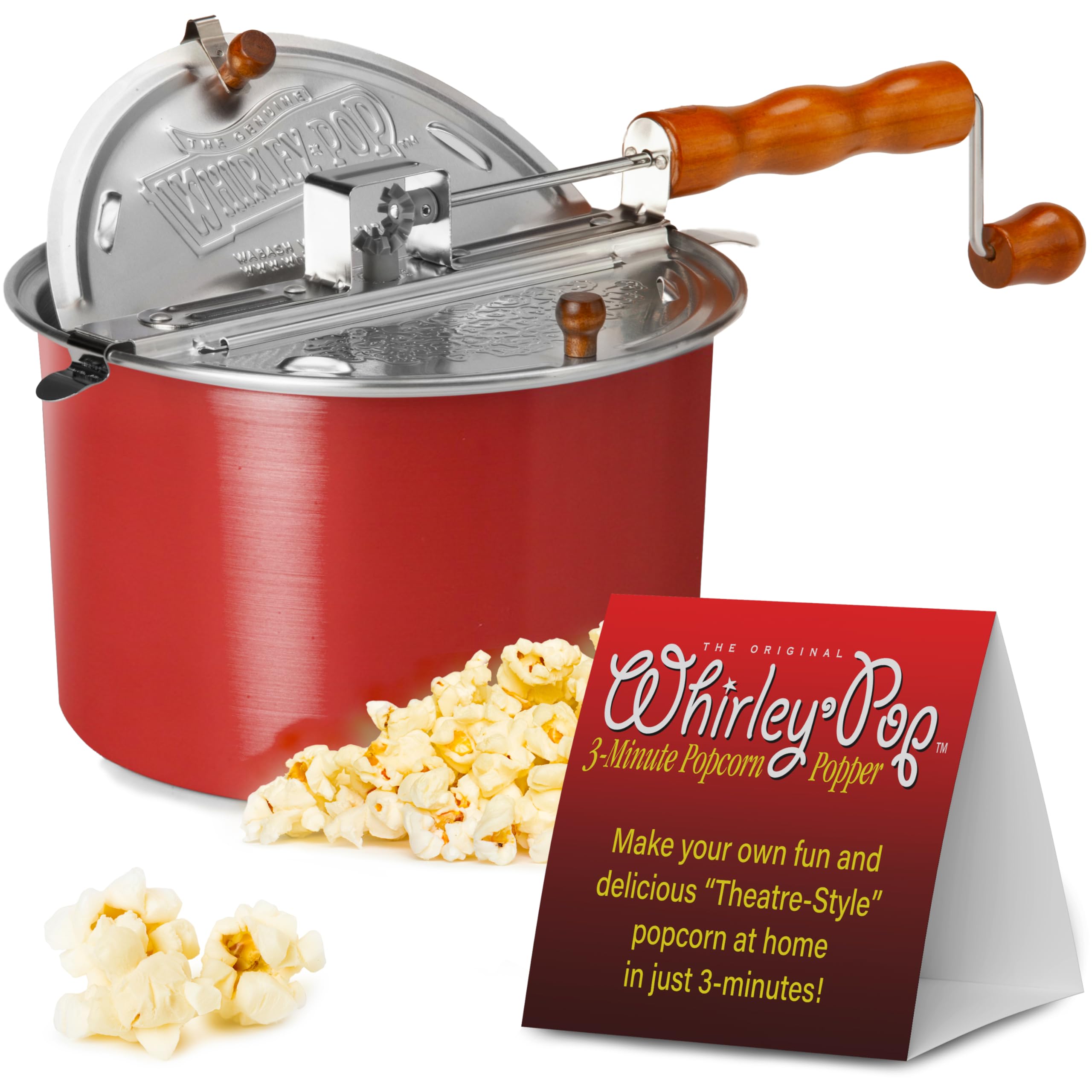 Original Whirley Pop Popcorn Maker - 6 Quart Stovetop Popcorn Popper with Metal Gears, Aluminum Popcorn Pot for Gourmet Popcorn - Perfect for Movie Nights, Camping & Family Gatherings (Red) - Wabash Valley Farms