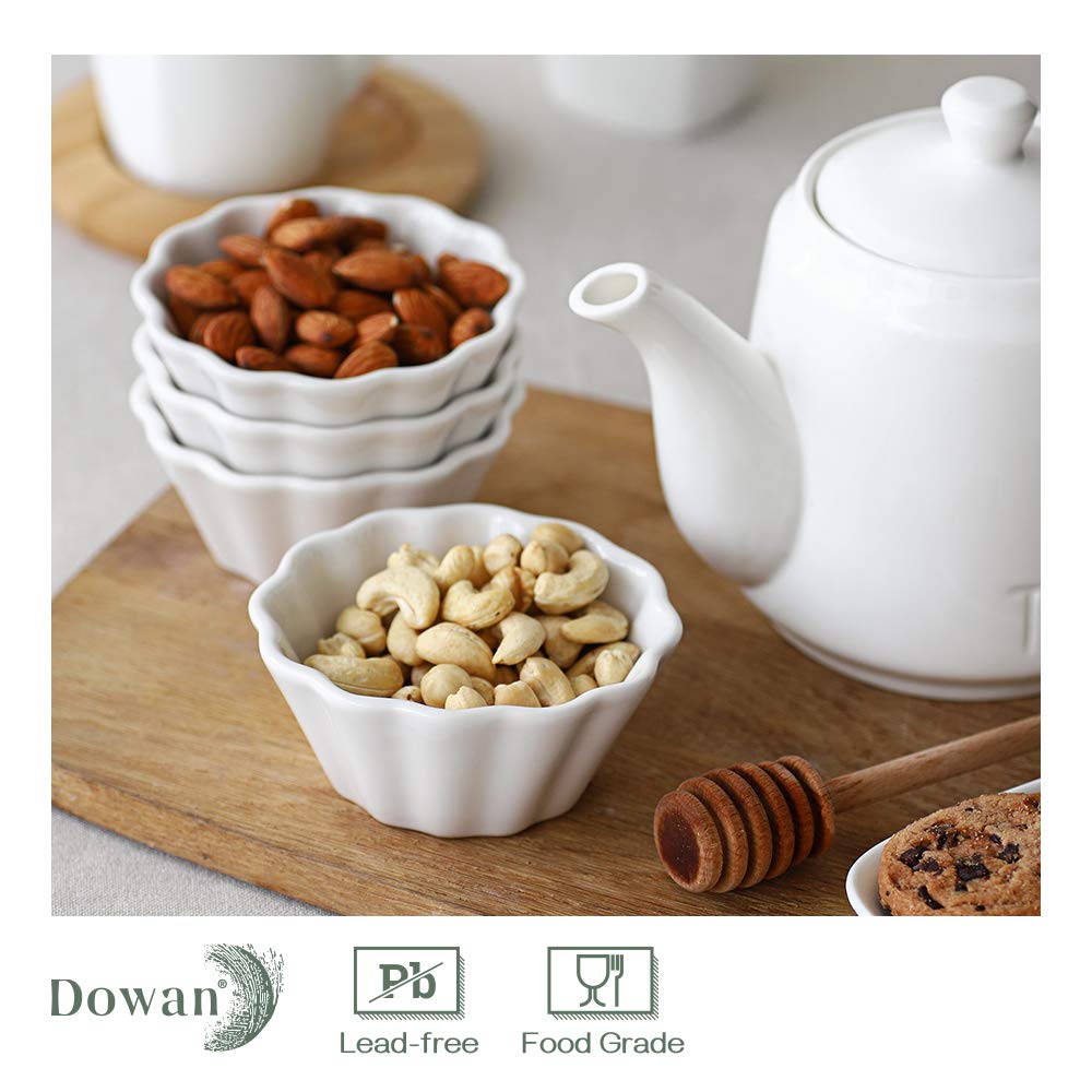 DOWAN 6 oz Porcelain Ramekins Set of 6 - Oven Safe Flower-Shaped Baking Dishes for Creme Brulee, Pudding, Souffle, Custard & Dipping Sauces - Perfect for Desserts, Appetizers & Entertaining (White)