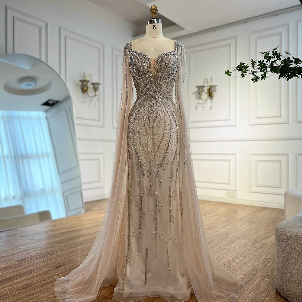 Elegant Beige Beaded Evening Dress with Cape Sleeves - LA72992 | Formal Gown for Prom, Wedding & Special Occasions
