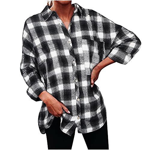Women's Flannel Plaid Shirt - Button Down Long Sleeve Casual Jacket with Patch Pockets | Y2K Black & White Grid Top for Fall Fashion, Layering & Outdoor Activities