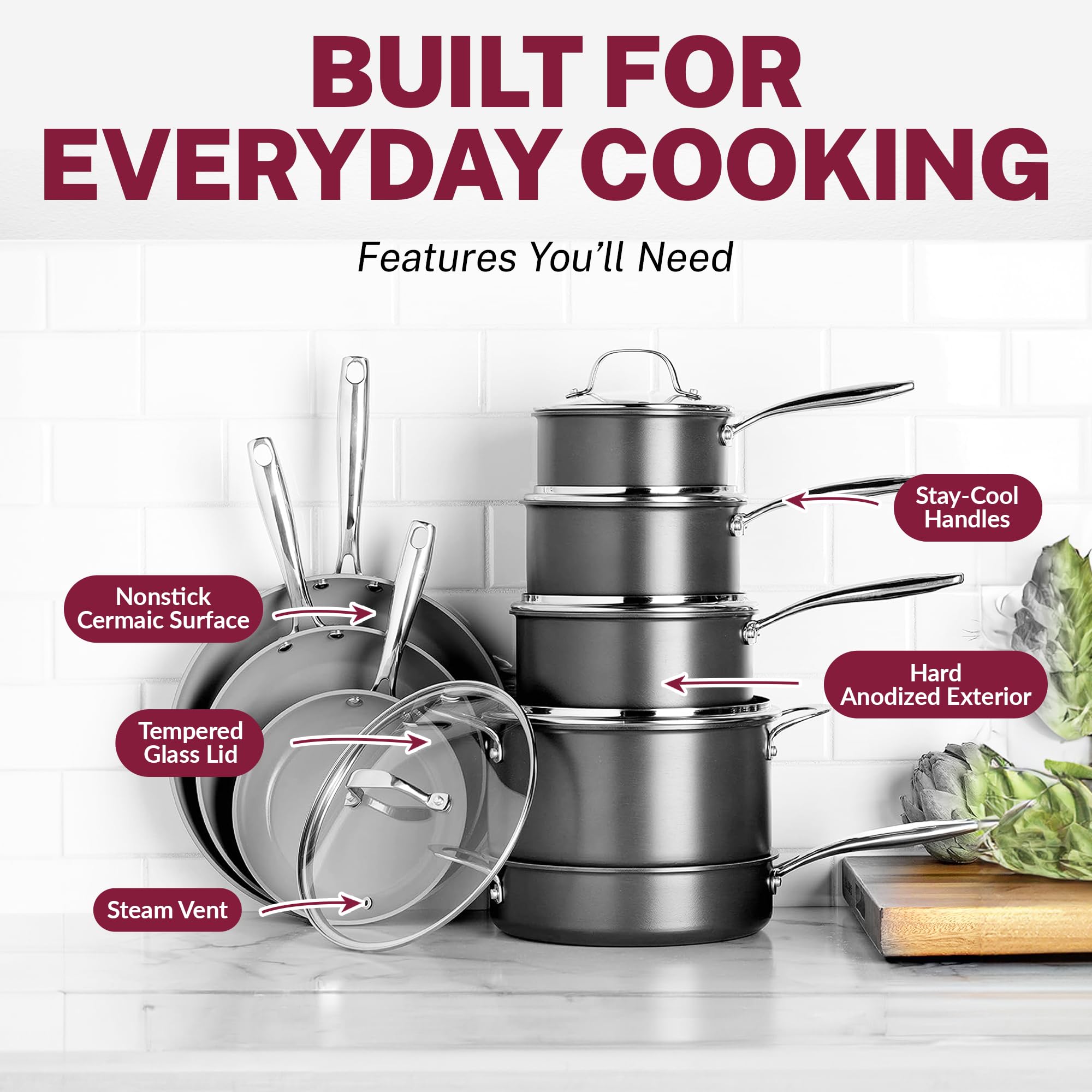 Granitestone 13-Piece Ceramic Non-Stick Cookware Set - Hard Anodized Pots & Pans for Kitchen | Dishwasher Safe & Scratch Resistant | Perfect for Frying, Sautéing & Everyday Cooking