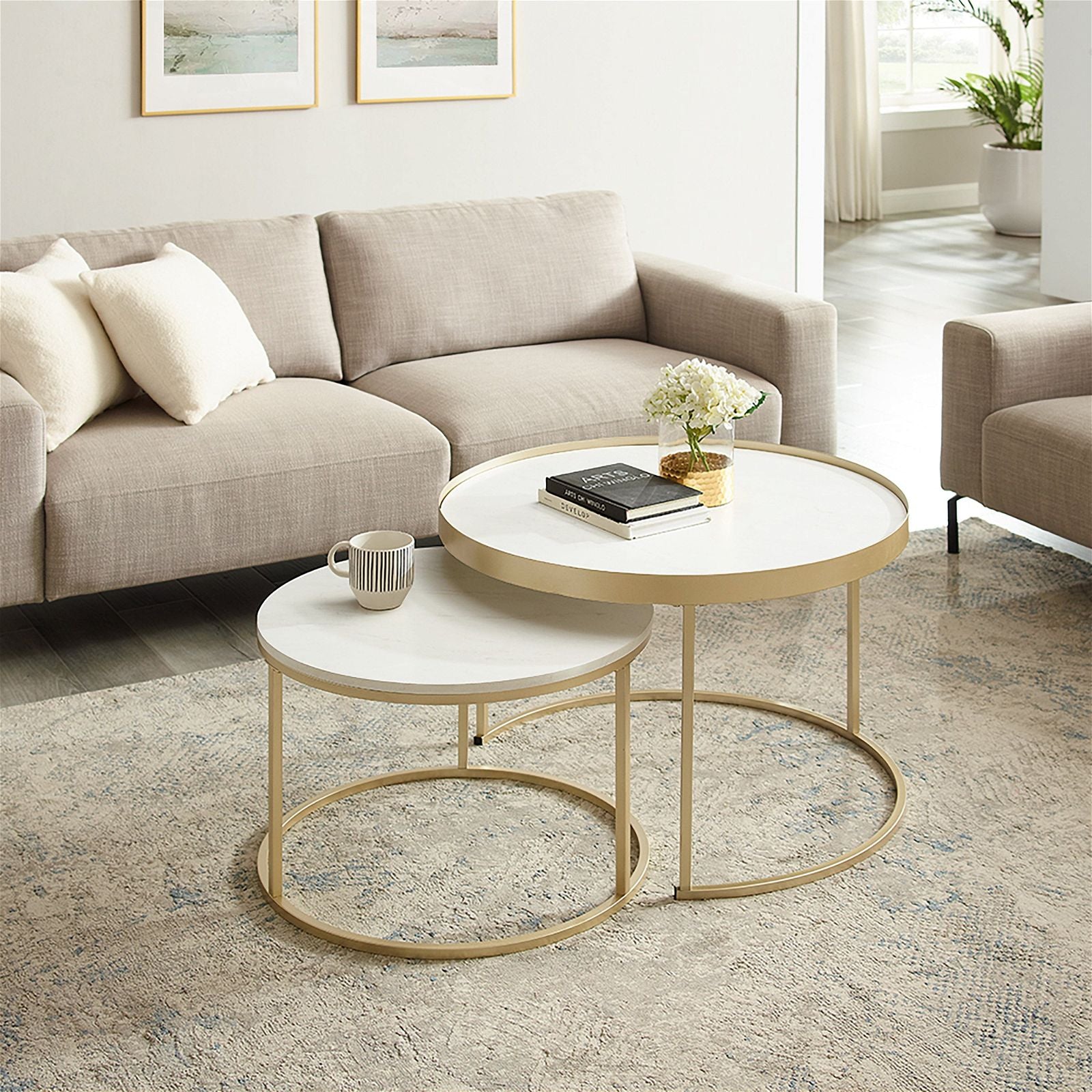 Modern White Marble Finish Nested Coffee Table Set with Champagne Gold Metal Frame - Elegant Living Room Furniture for Small Spaces, Home Decor & Office Use