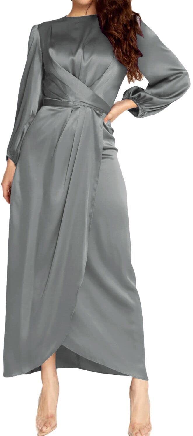 Elegant Women's Empire Waist Long Sleeve Satin Maxi Dress for Evening Gala, Wedding Guest, or Special Occasions