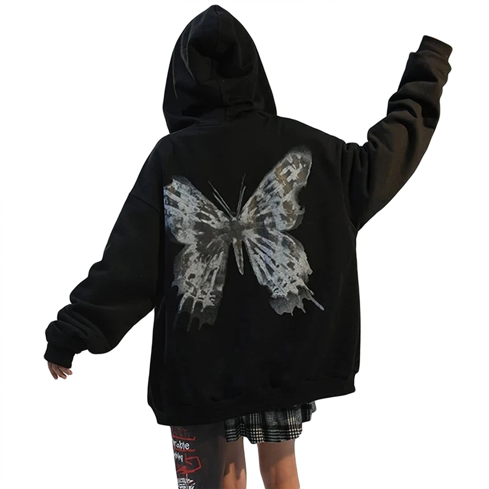 Trendy Y2K E-Girl Oversized Full-Zip Hoodie for Women - Butterfly Print Long Sleeve Sweatshirt Jacket | Perfect for Streetwear, Casual Outfits & Retro Fashion Looks