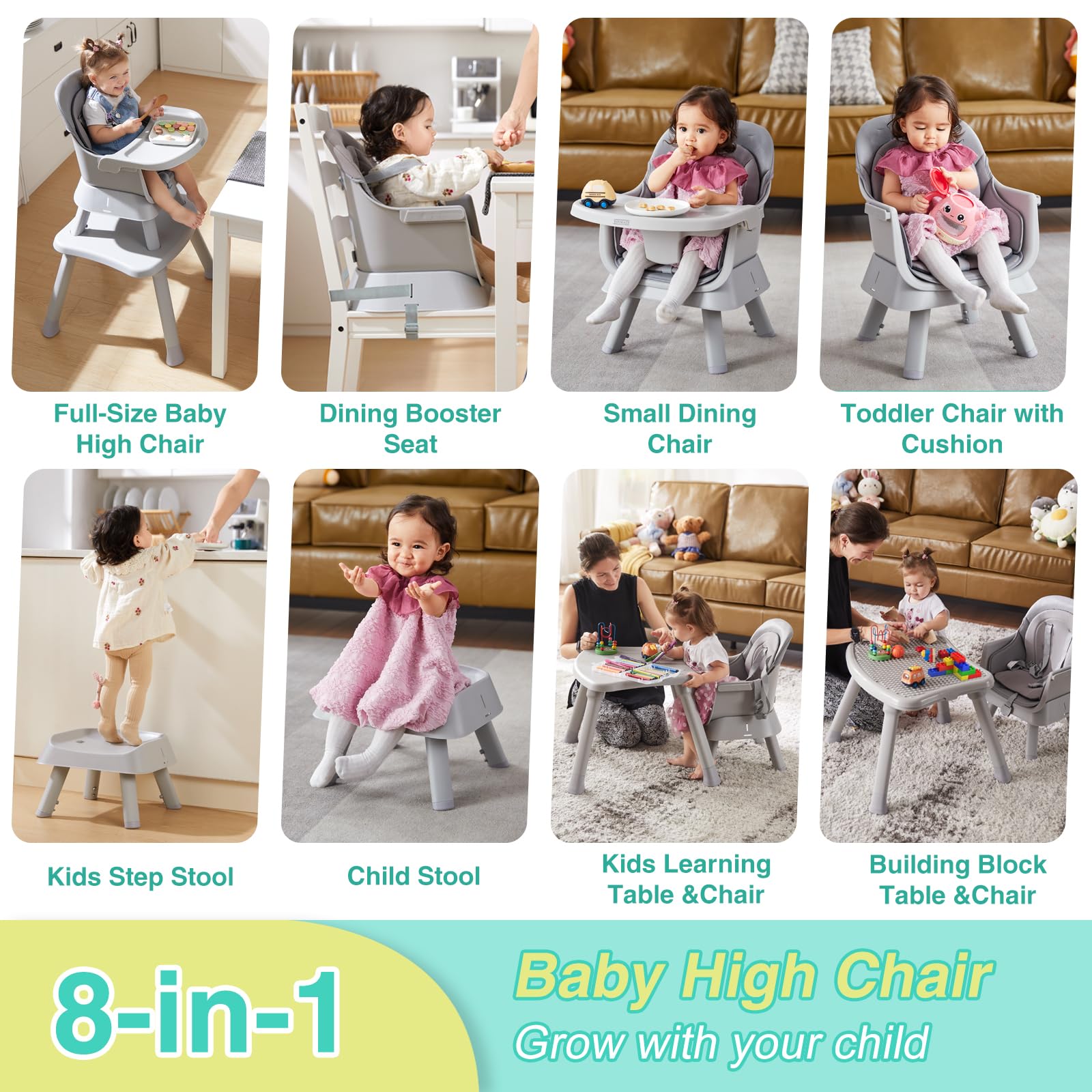 8-in-1 Convertible Baby High Chair with Removable Tray | Multi-Functional Toddler Chair Converts to Kids Table & Chair Set, Building Block Table, Step Stool & Dining Chair (Grey) - Perfect for Feeding, Playtime & Learning Activities