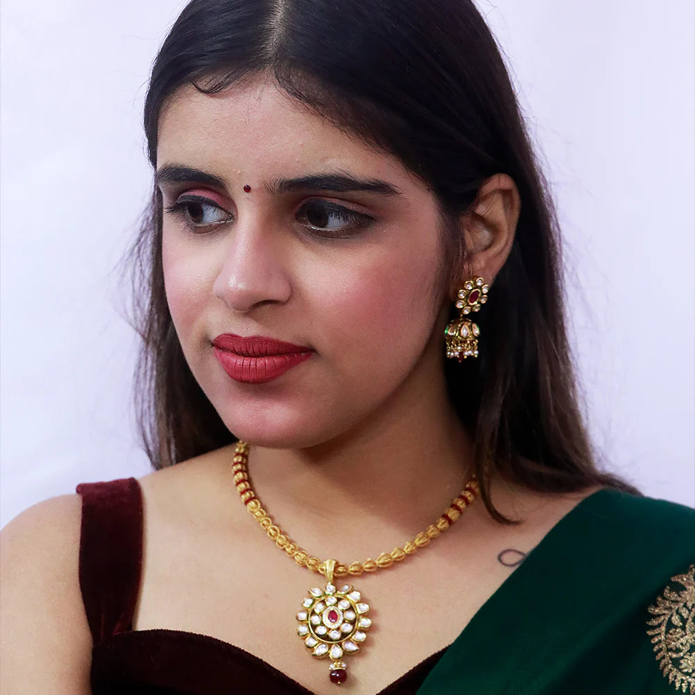 Exquisite Gold Plated Royal Kundan Pendant Necklace Set (D550) - Perfect for Weddings, Parties & Special Occasions