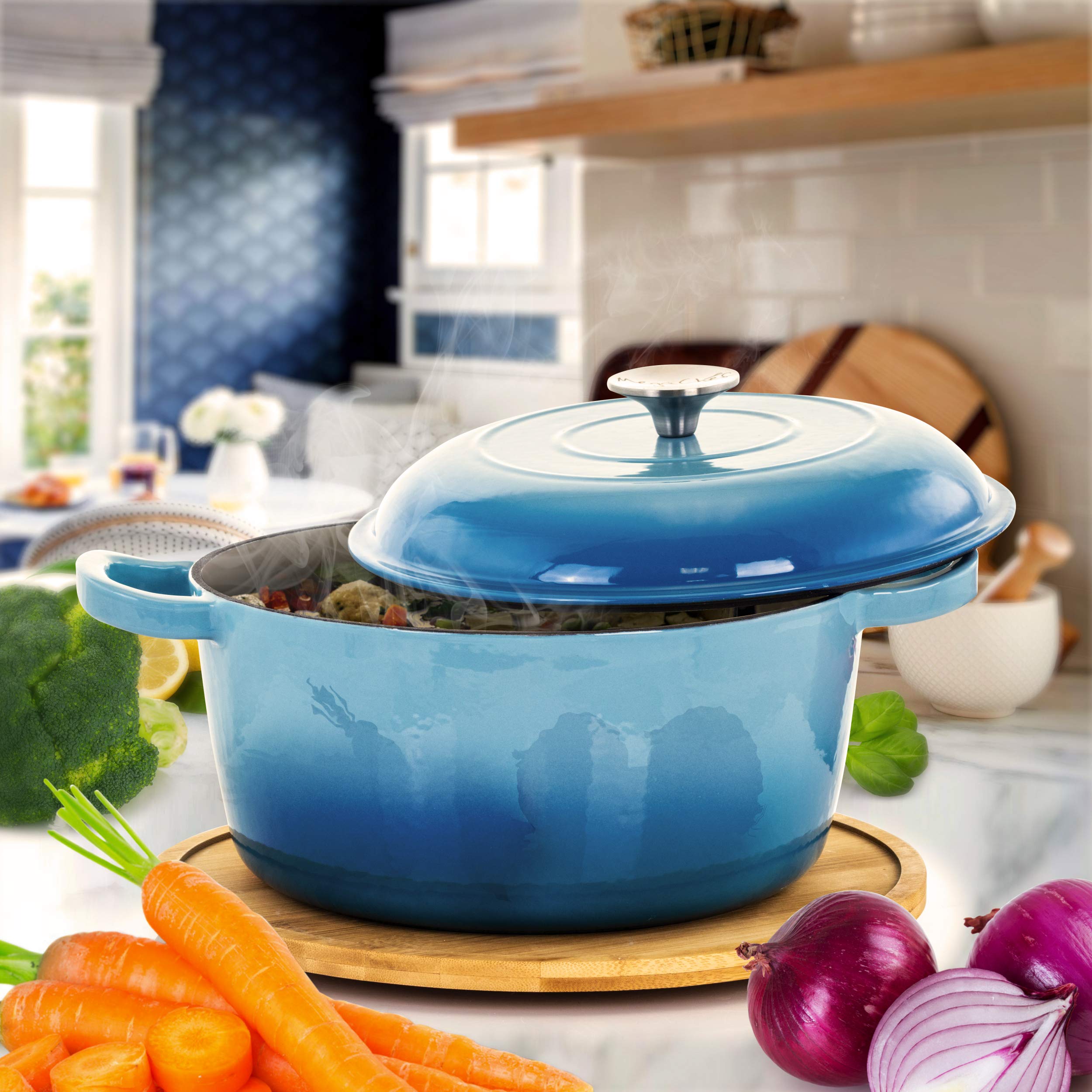 MegaChef 5 Quart Round Enamel Cast Iron Dutch Oven with Lid - Blue Casserole Pot for Baking, Braising & Slow Cooking - Perfect for Soups, Stews & Family Dinners