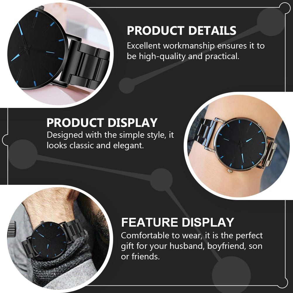 Ultra-Thin Stainless Steel Men's Watch - Black & Blue Casual Business Chronograph with Metal Strap | Waterproof Dress Watch for Office, Dating & Everyday Wear
